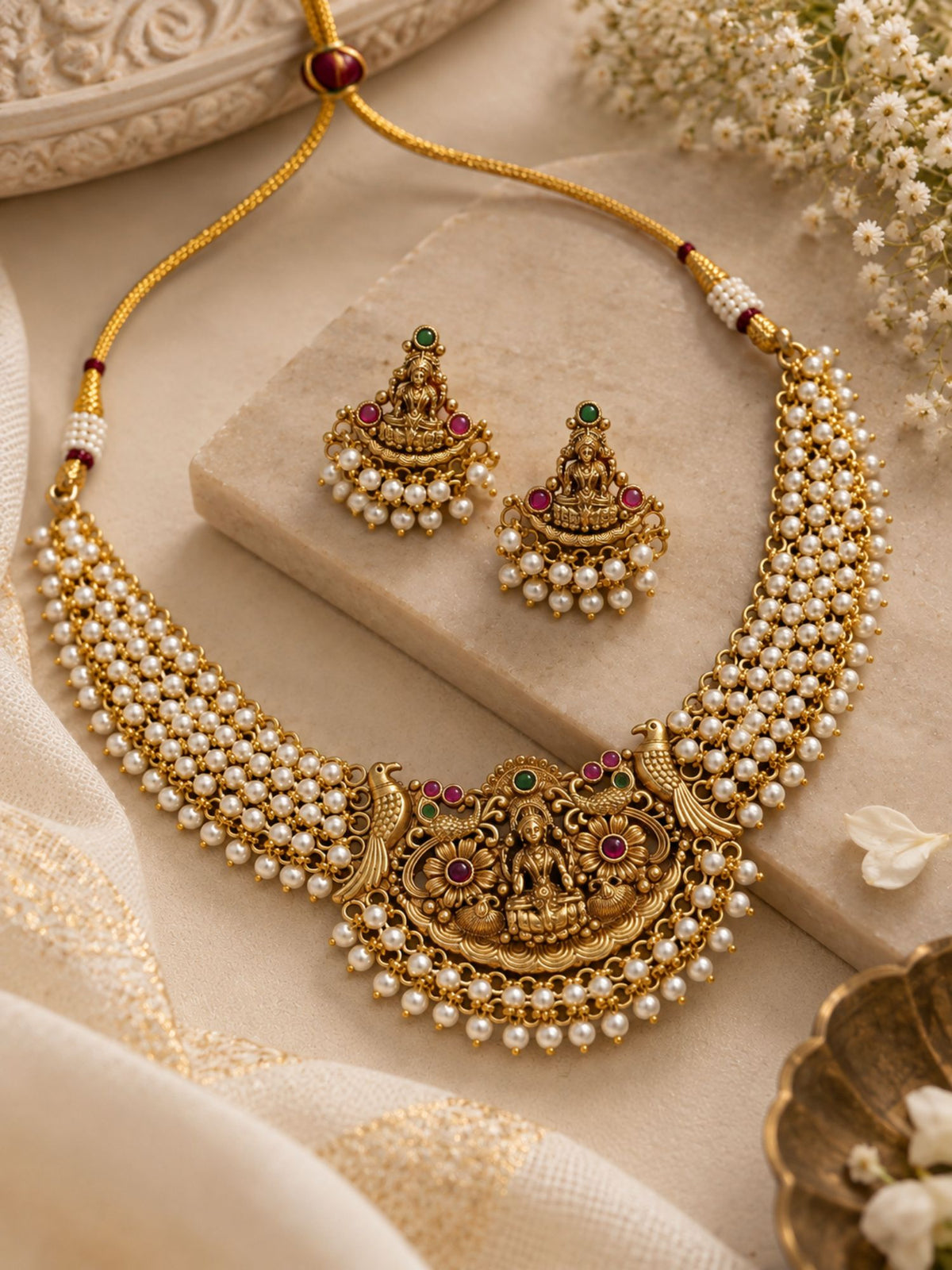 Gold Plated Temple Lakshmi Pearl Necklace Set with Earrings