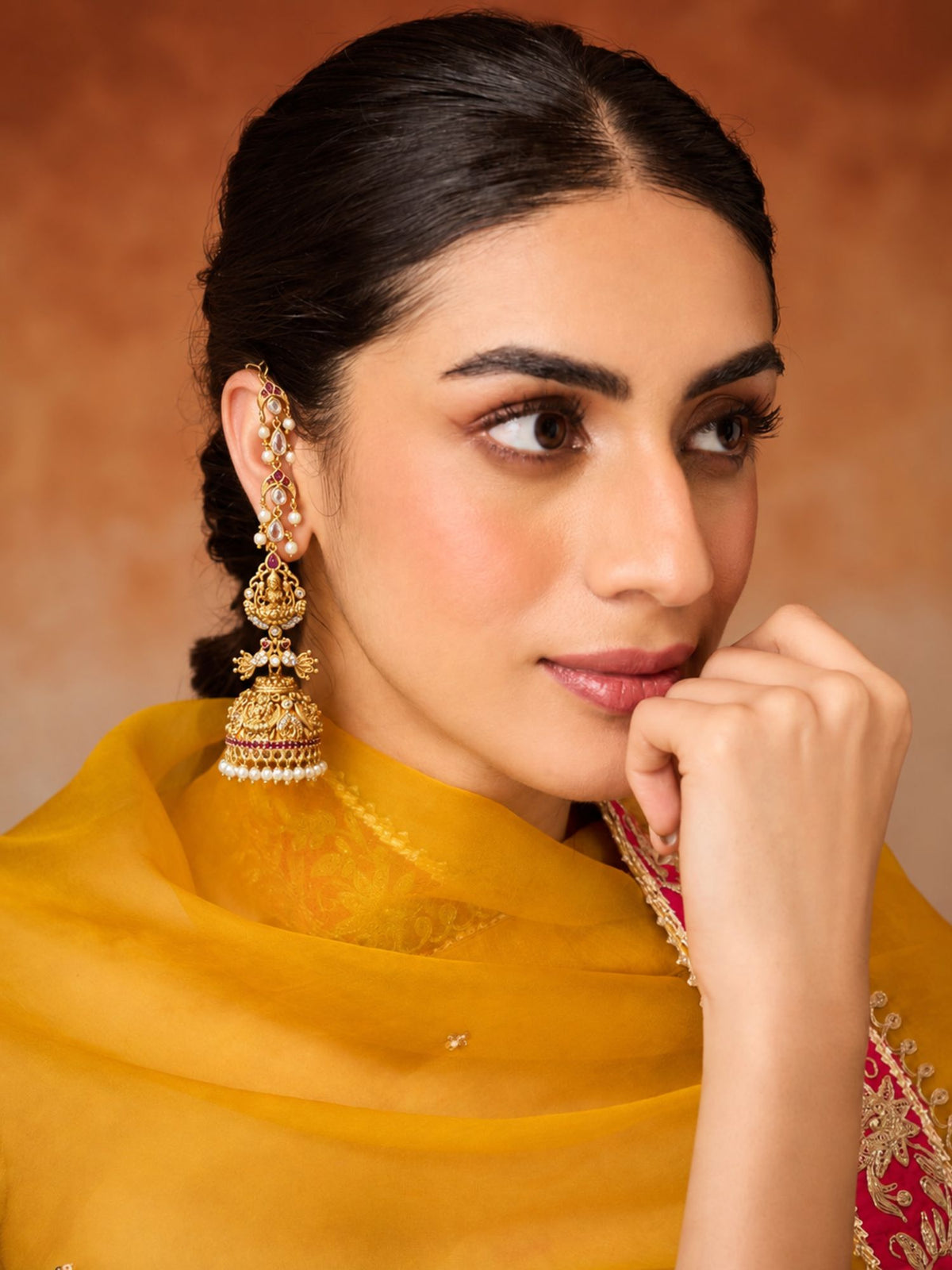 Traditional Lakshmi Temple Kaan Chain Jhumka Earrings