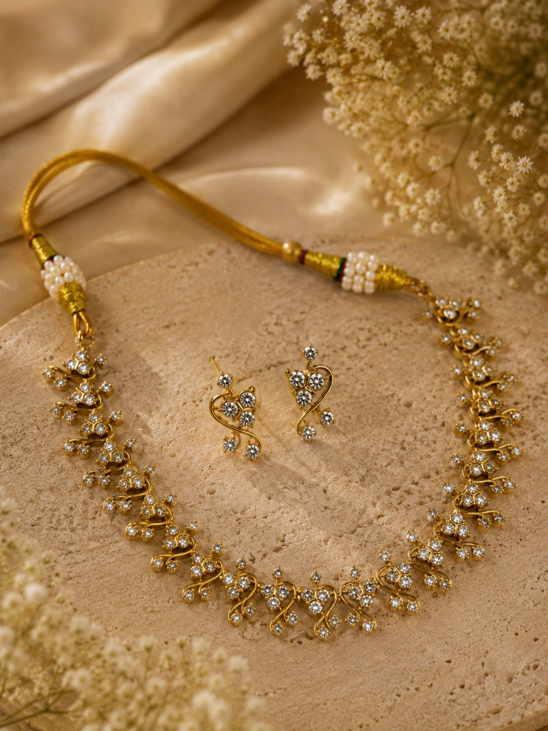 Gold Plating Solitaire American Diamond Necklace Set | Abdesigns