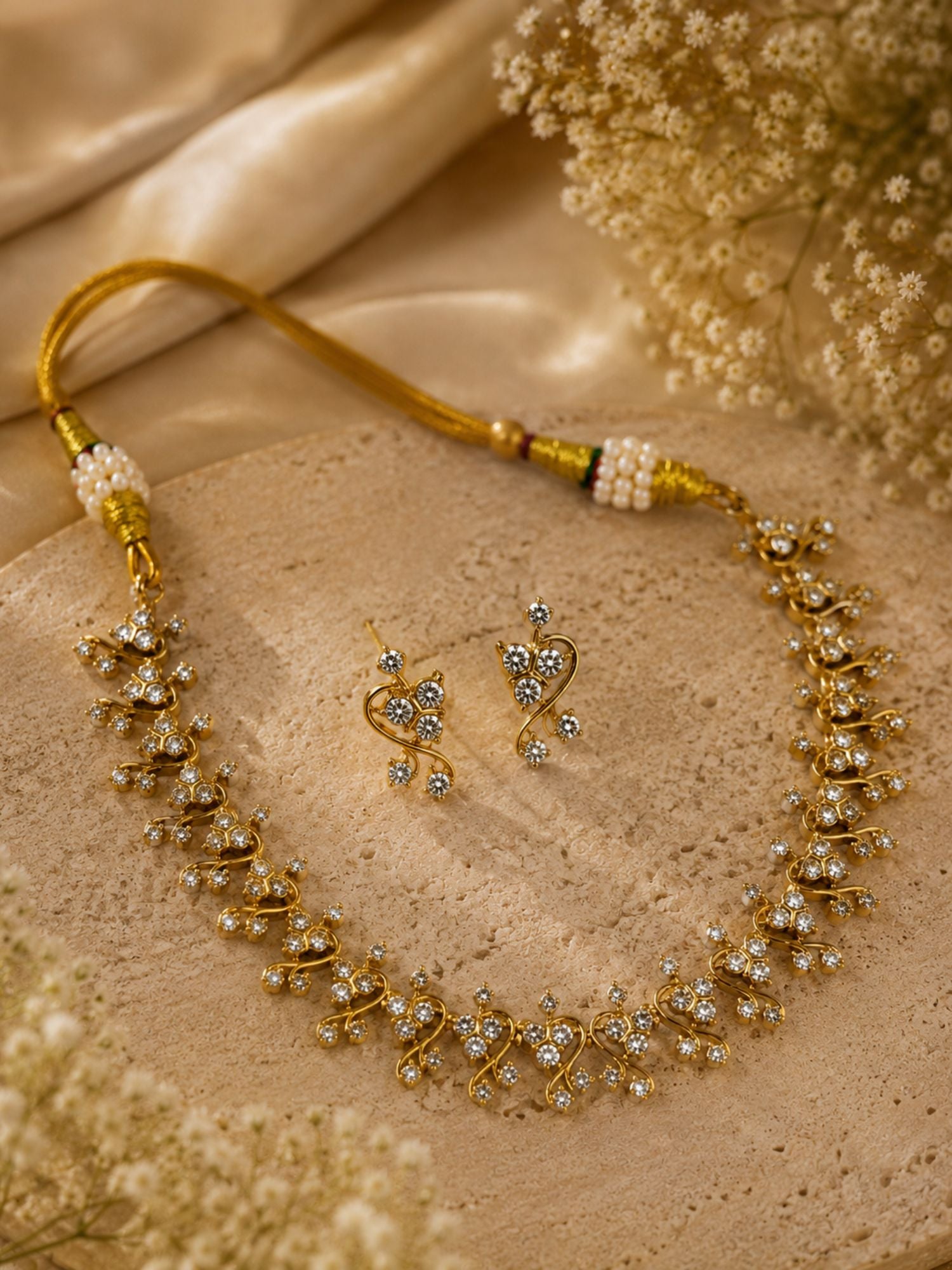 Gold Plating Solitaire American Diamond Necklace Set | Abdesigns