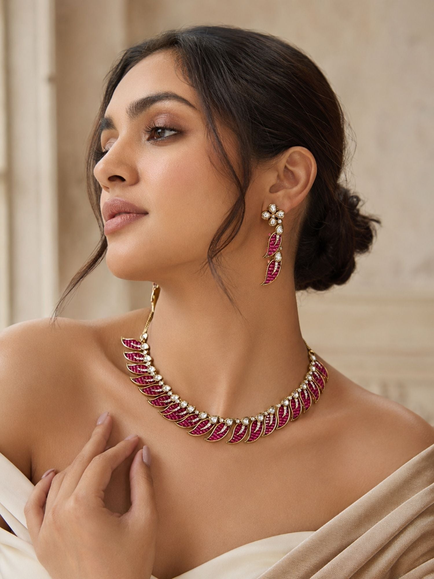 Victorian Gold Plated Pink Leaf Necklace Set with Earrings | Abdesigns