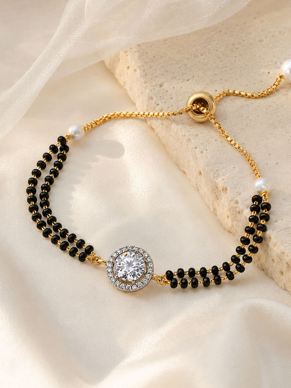 Gold Plated Solitaire AD Stone Hand Mangalsutra Bracelet for Women
