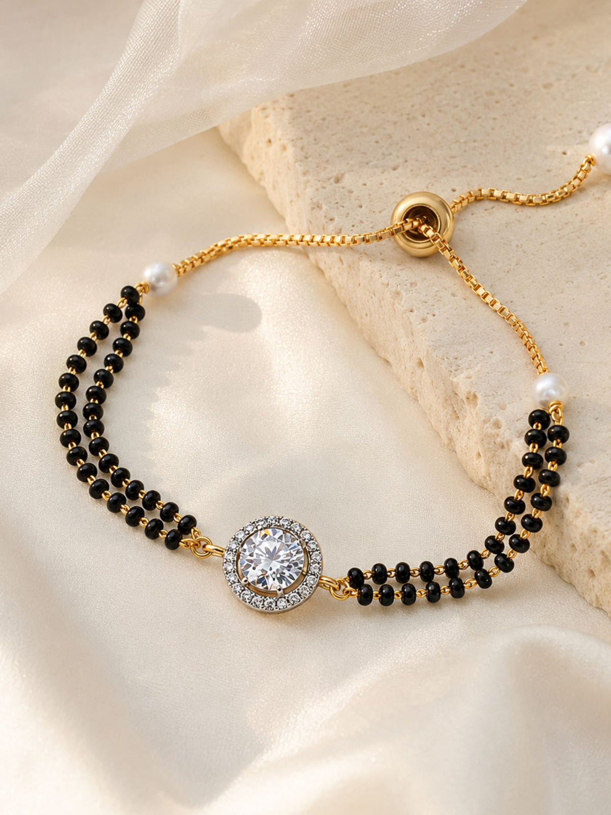 Gold Plated Solitaire AD Stone Hand Mangalsutra Bracelet for Women