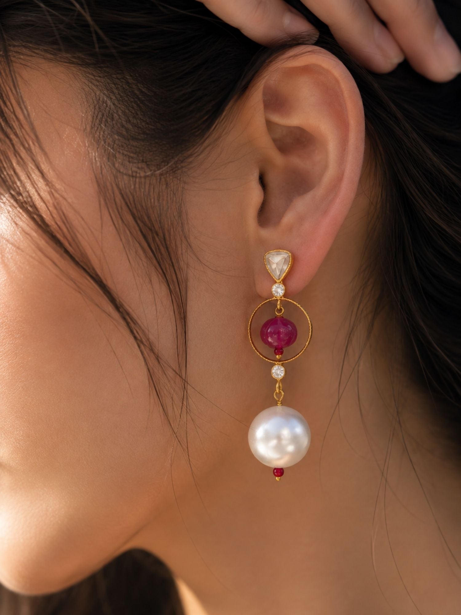 Gold Plated Kundan Pearl & Textured Statement Earrings Combo Set of 2 for Women