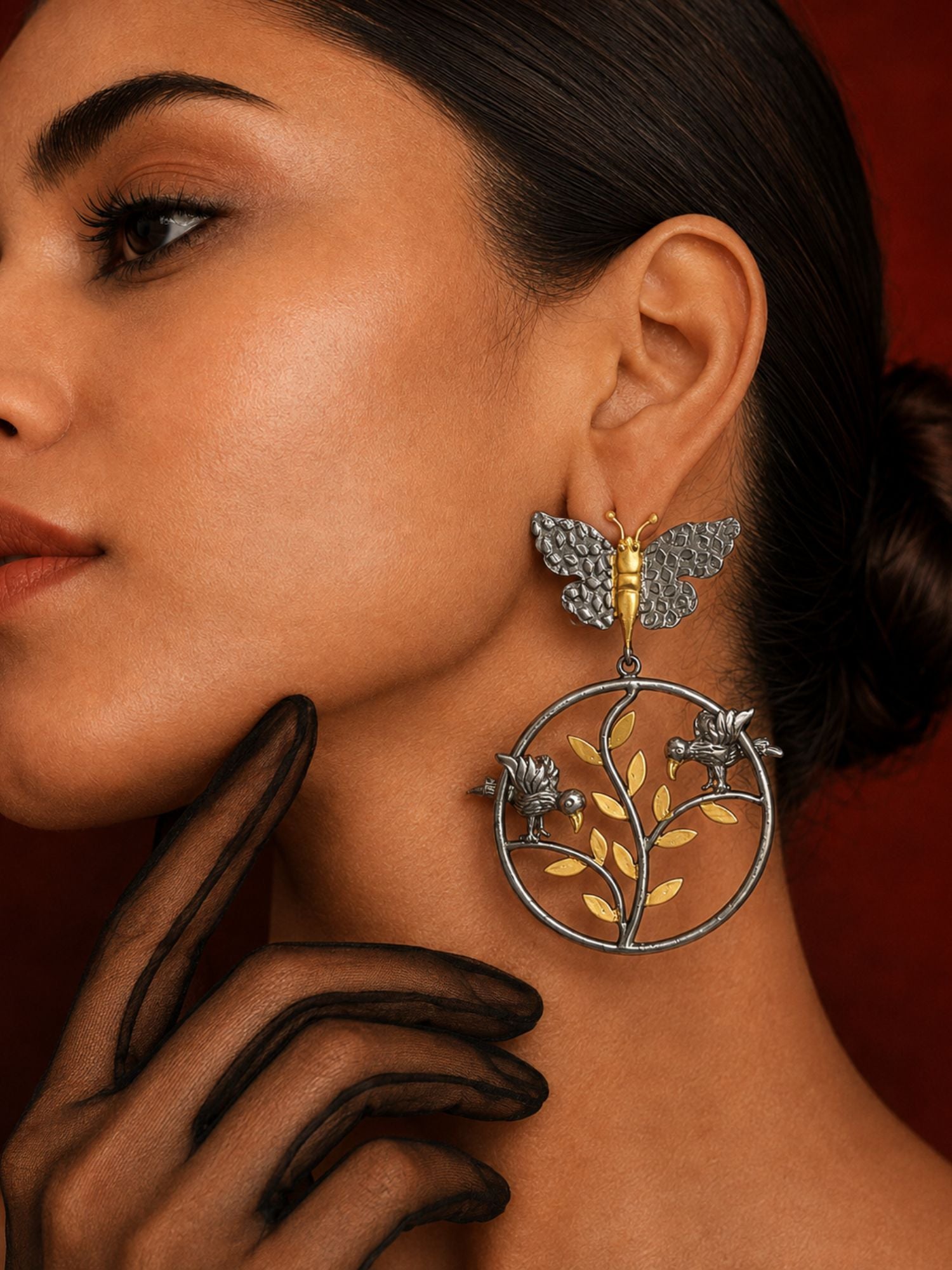 Dual Tone Butterfly Bird Statement Earrings for Women
