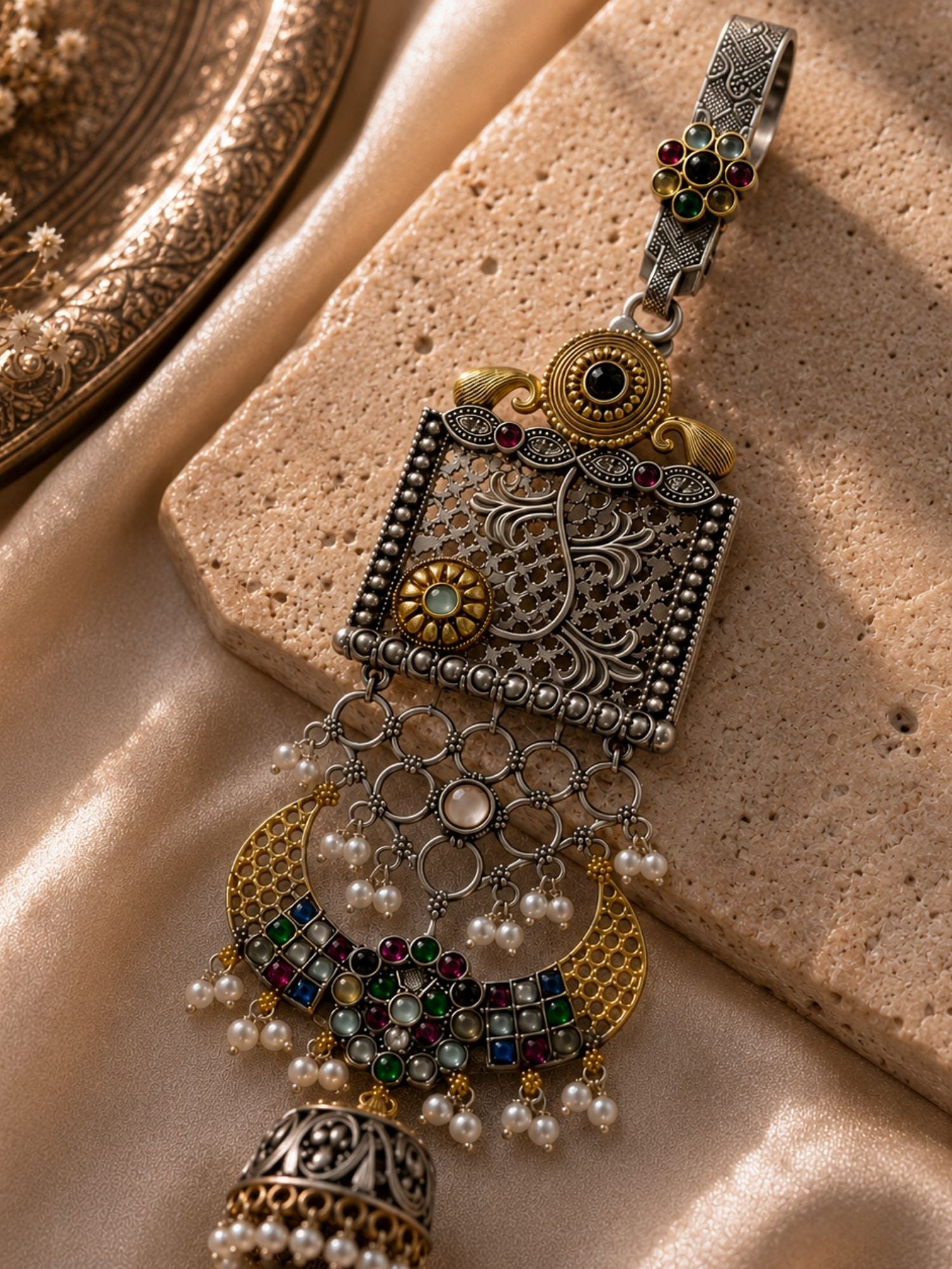 Dual Tone Jhumka Saree Juda Pin with Multicolour Stones & Pearls