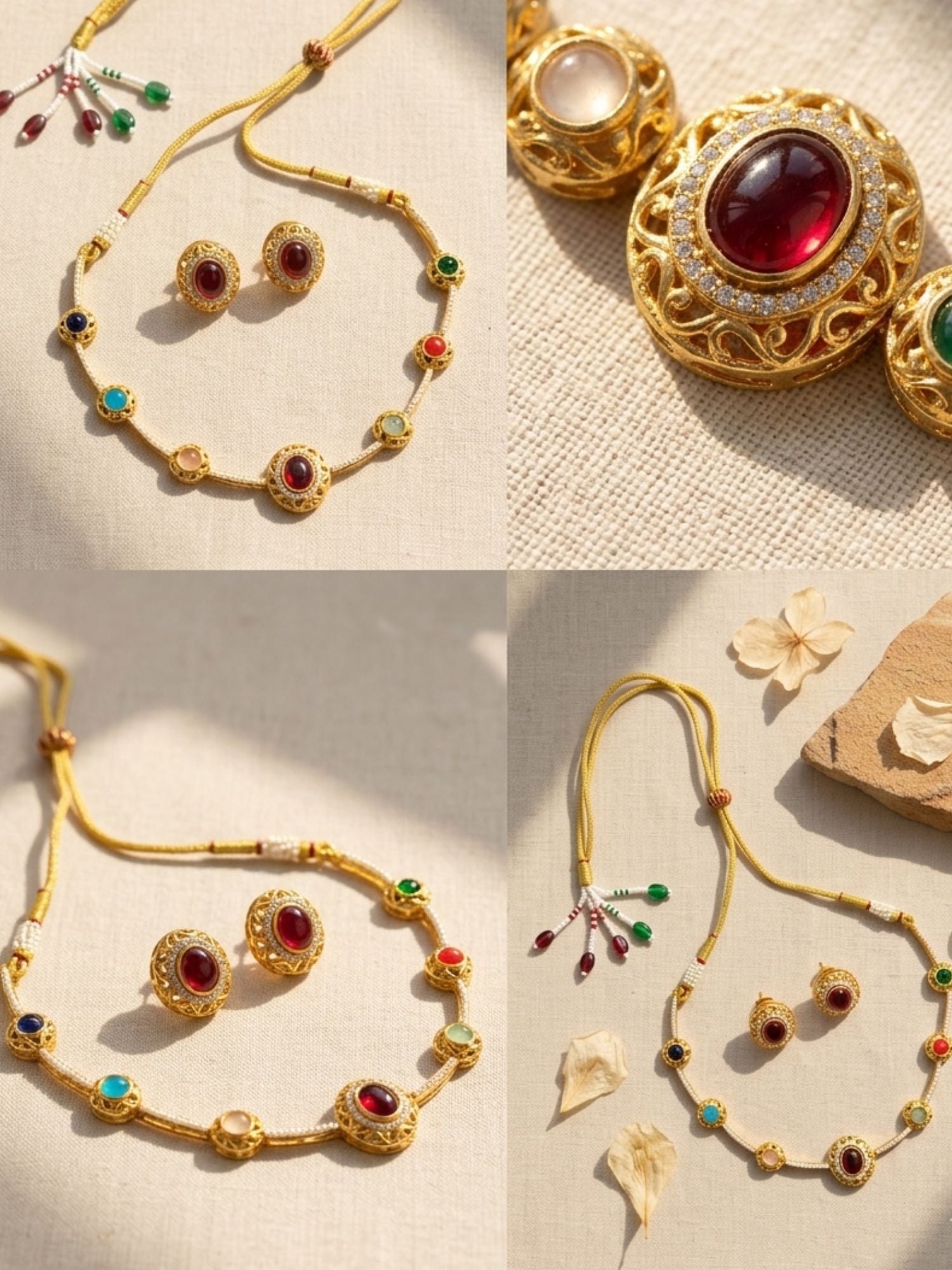 Abdesigns Navratna Stone Necklace Set with Earrings