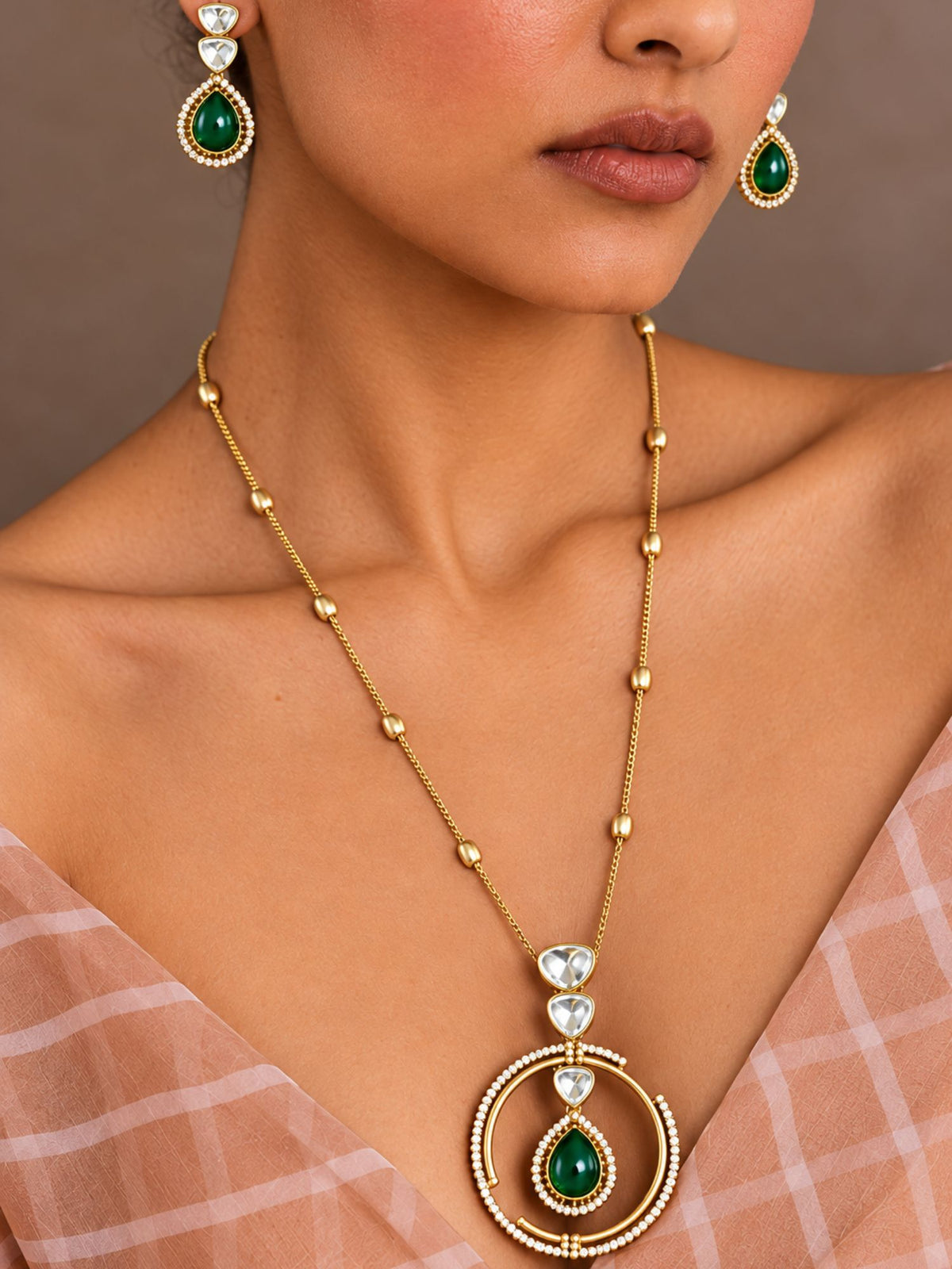 Gold Plated Kundan Green Stone Circular Pendant Necklace Set with Earrings for Women