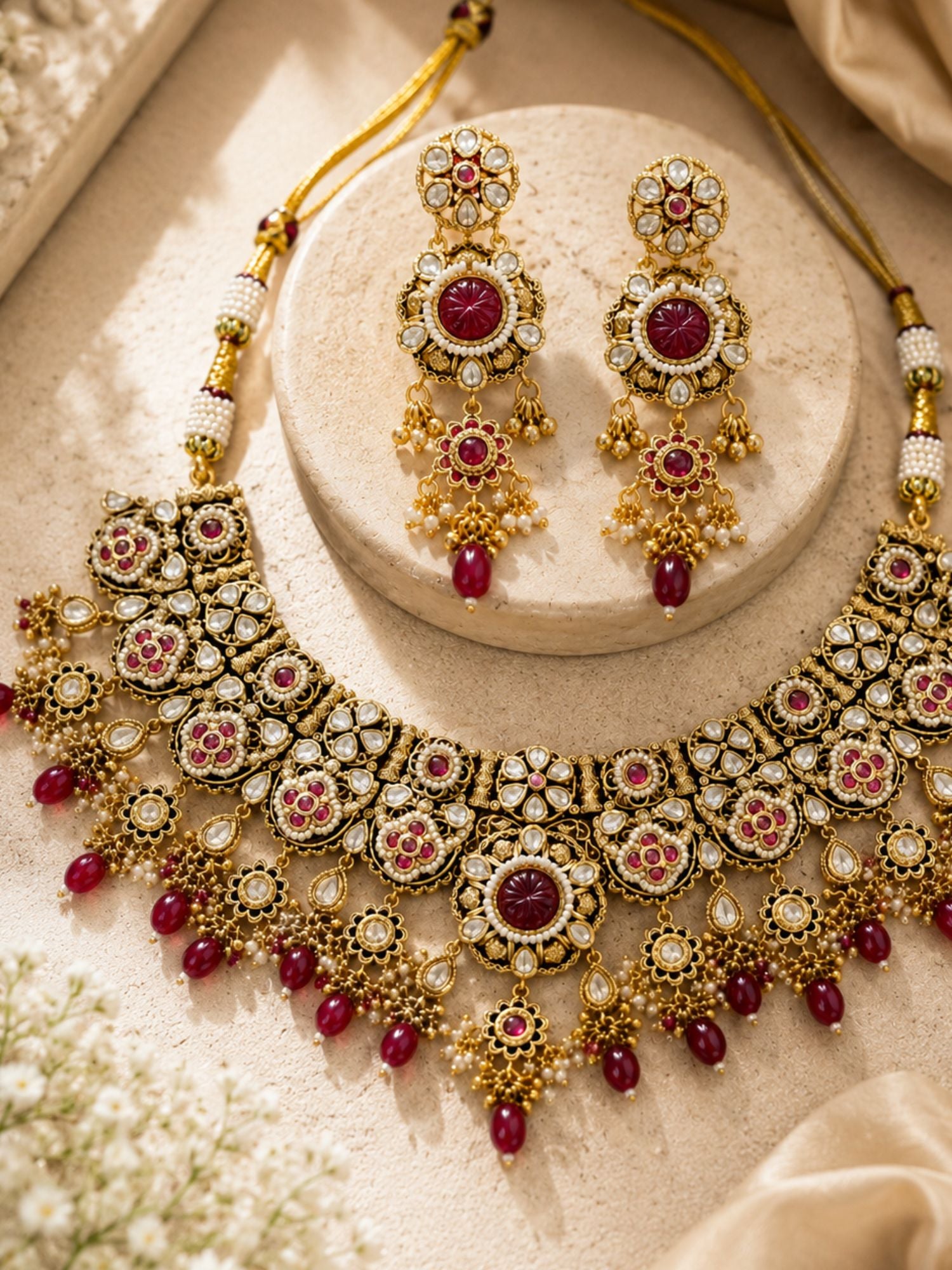 Antique Gold Plating Bridal Ruby Kundan Choker Necklace Set | Abdesigns
