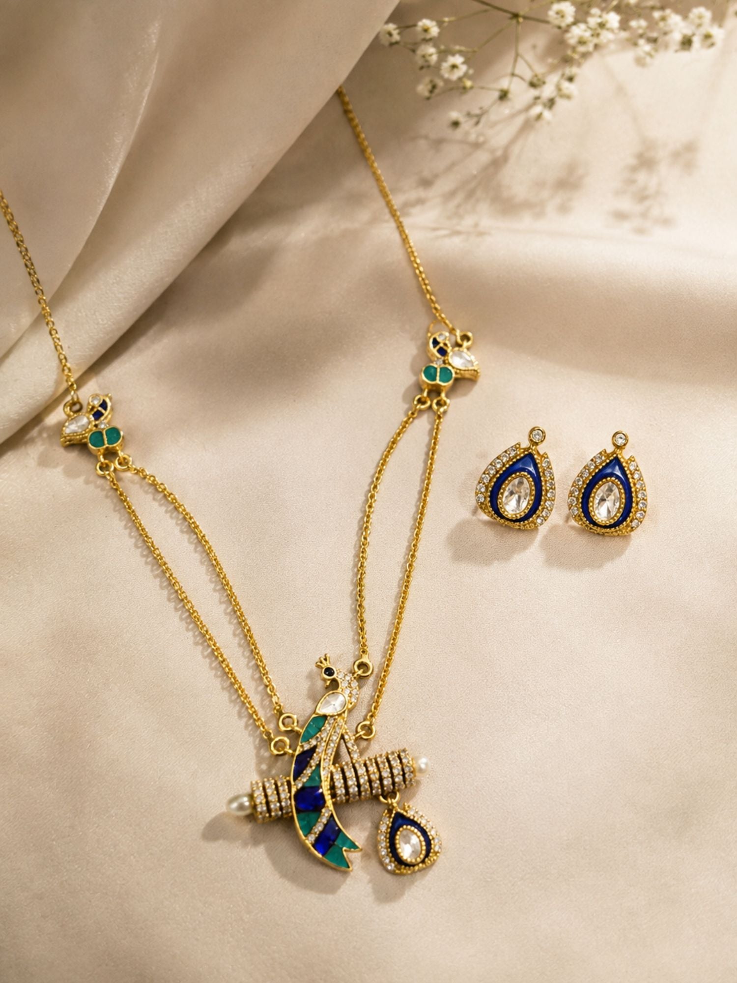 Peacock Kundan Meenakari Pendant Necklace Set for Women