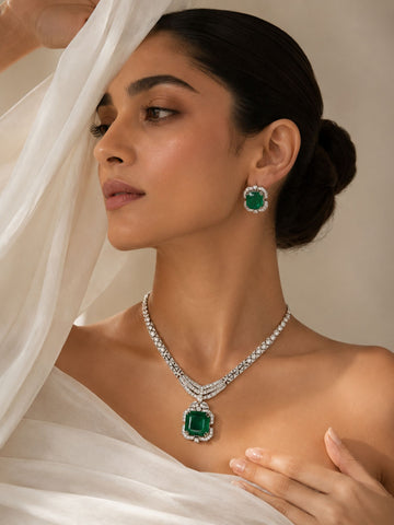 Emerald Green CZ Necklace Set in Silver Plating – Party | Abdesigns