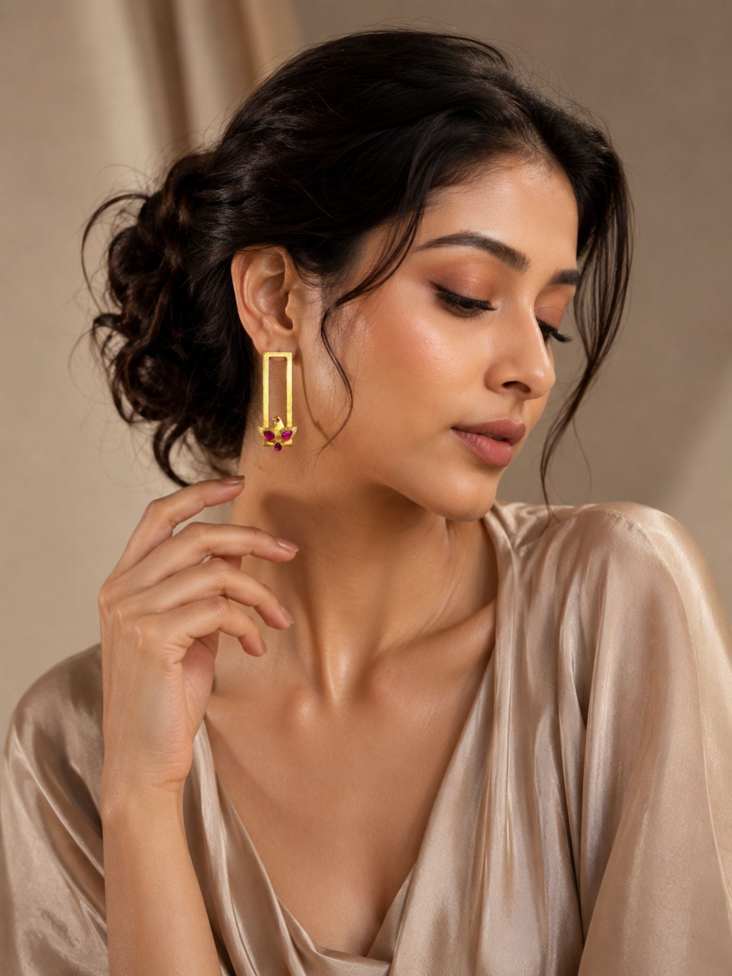 Pink Kemp Bird Motif Earrings in Gold Plating Festive Wear | Abdesigns