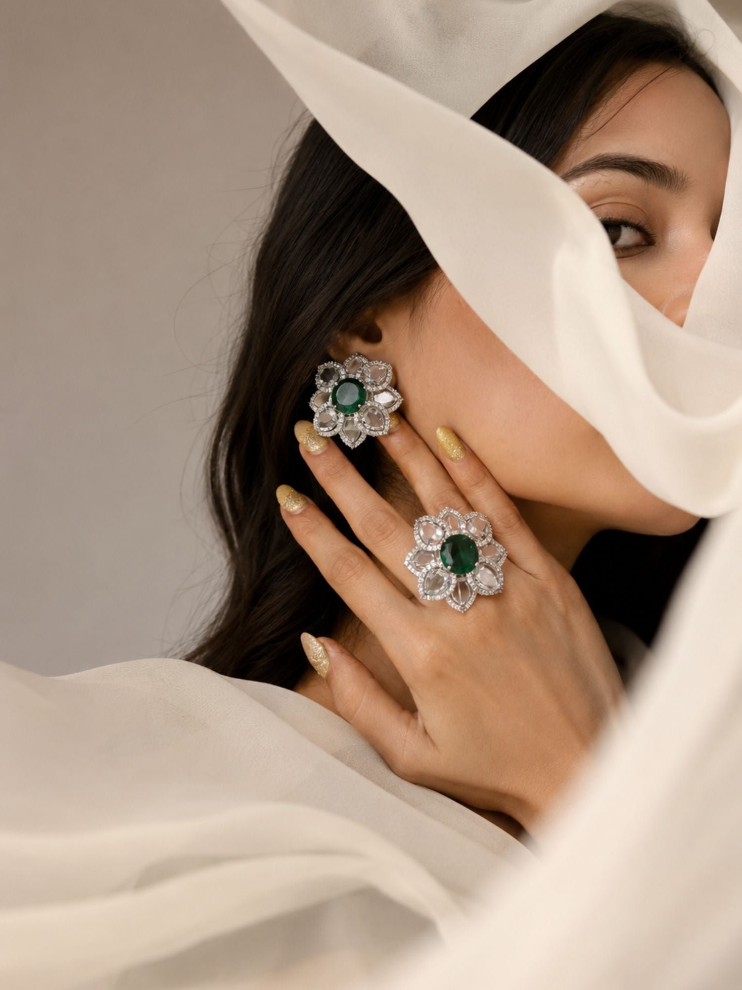 Emerald Green Floral Ring & Earrings Set | Abdesigns Jewellery