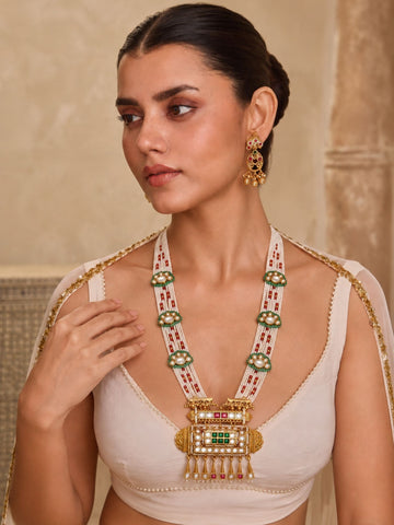 Antique Gold Plated Multicolor Kundan Pearl Layered Mala Necklace Set with Earrings