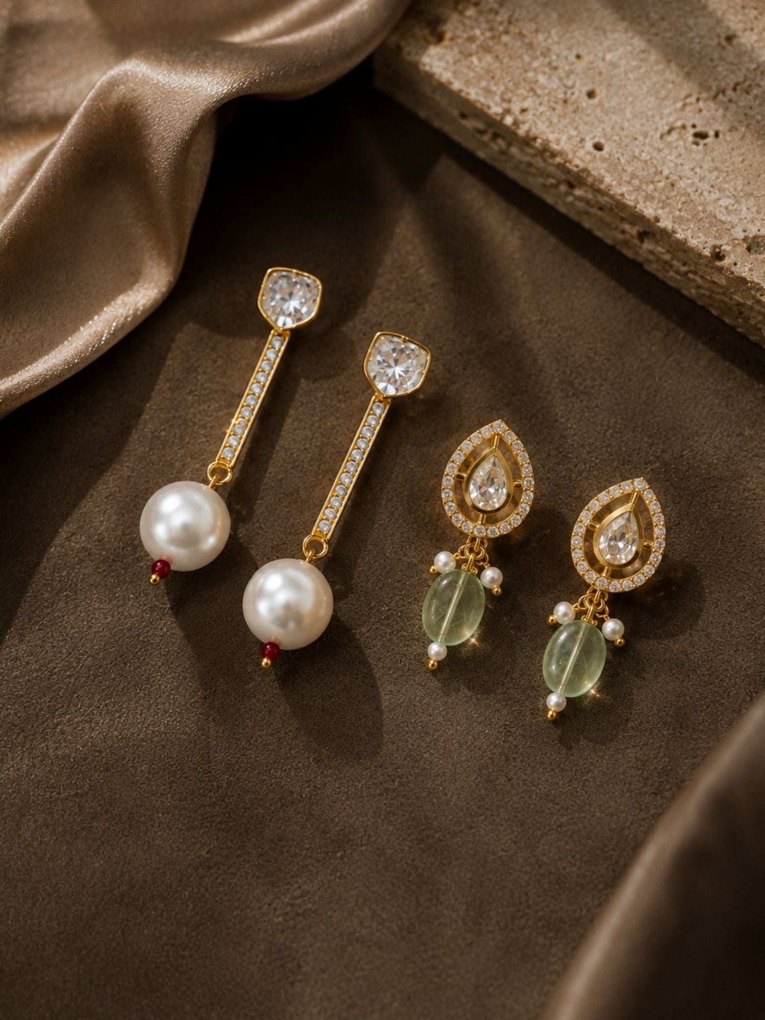 Combo Of Elegant Kundan Pearl & Mint Green Bead Earrings