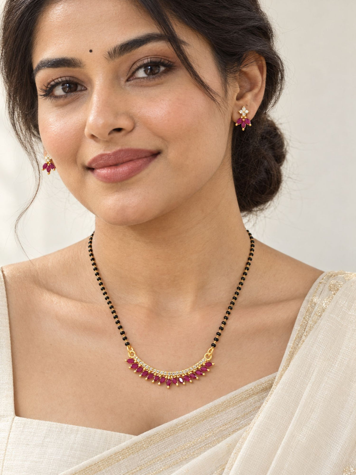 Set of 4 Gold Plated AD Stone Black Bead Mangalsutra Necklaces with Earrings for Women