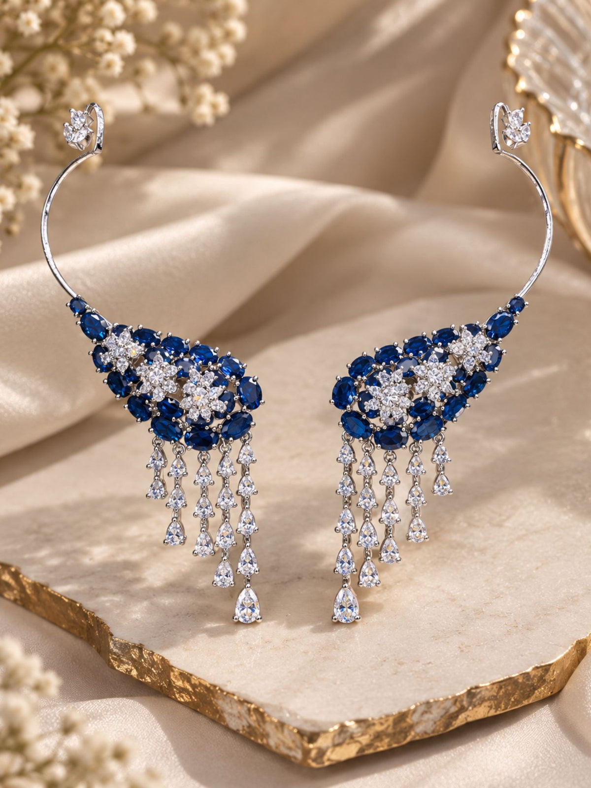 Silver Plated AD Stone Floral Statement Ear Cuff Earrings for Women