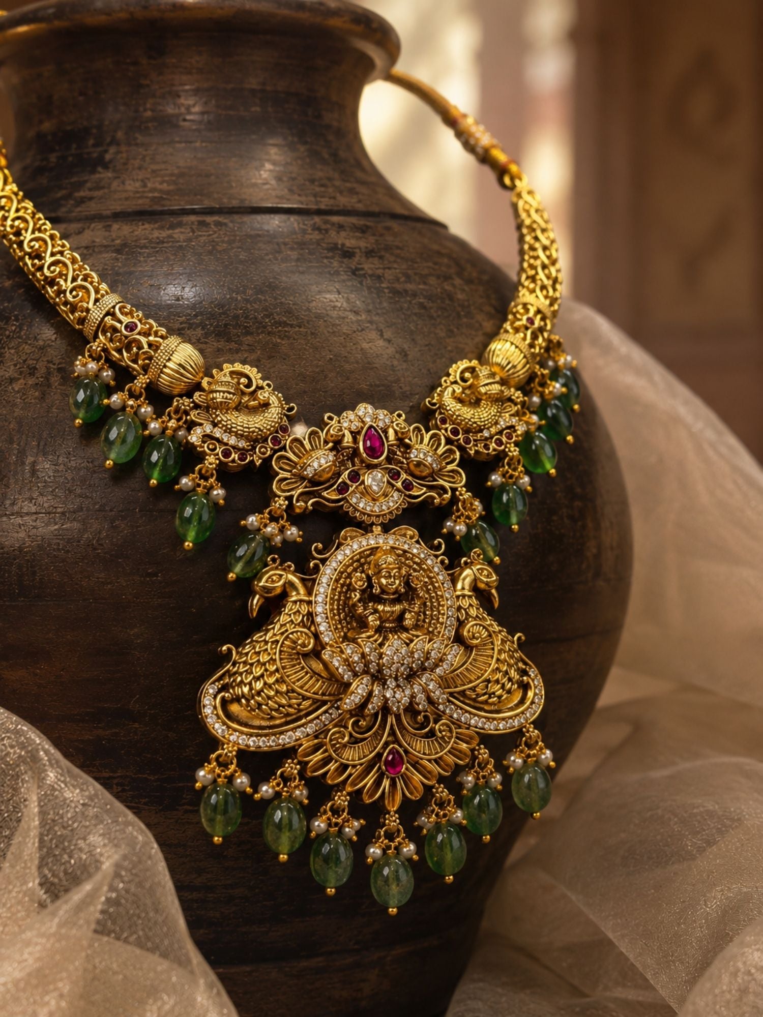 Abdesigns Temple Heritage Gold Necklace Set with Green Bead Drops
