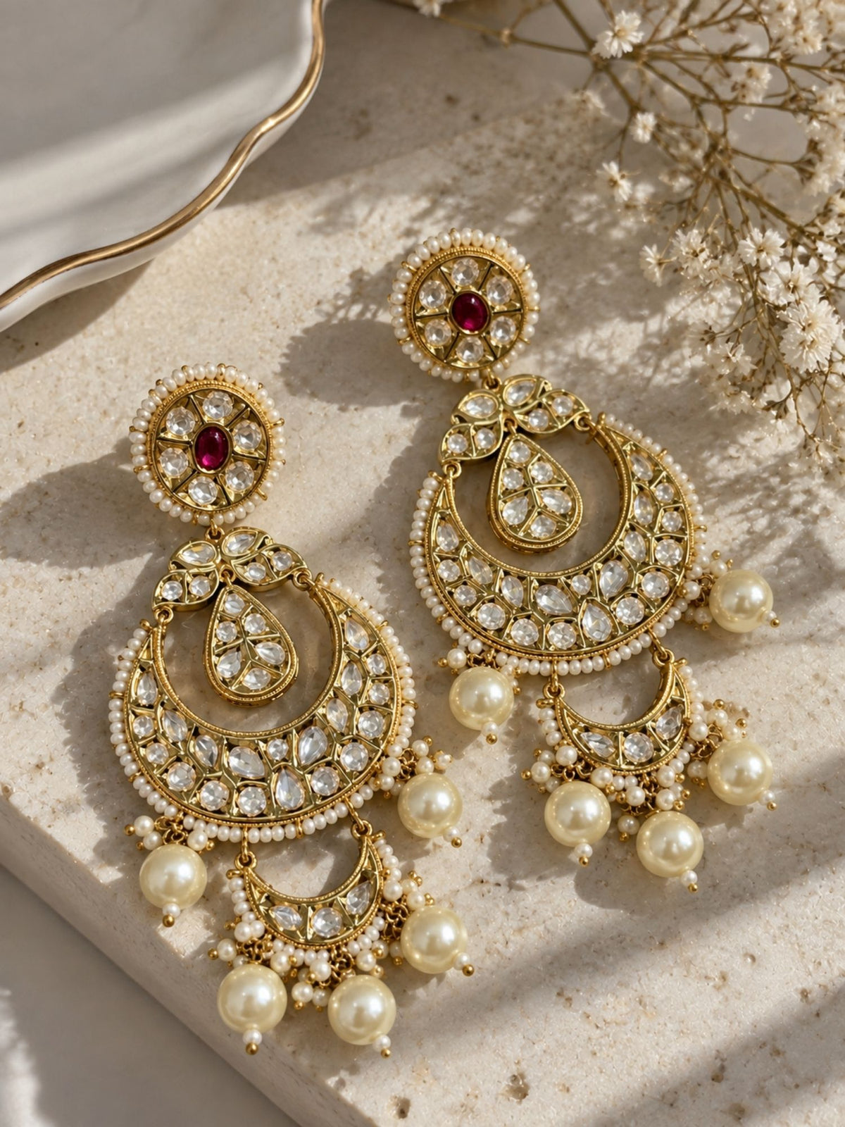Kundan Polki Pearl Chandbali Earrings Gold Plated | Abdesigns