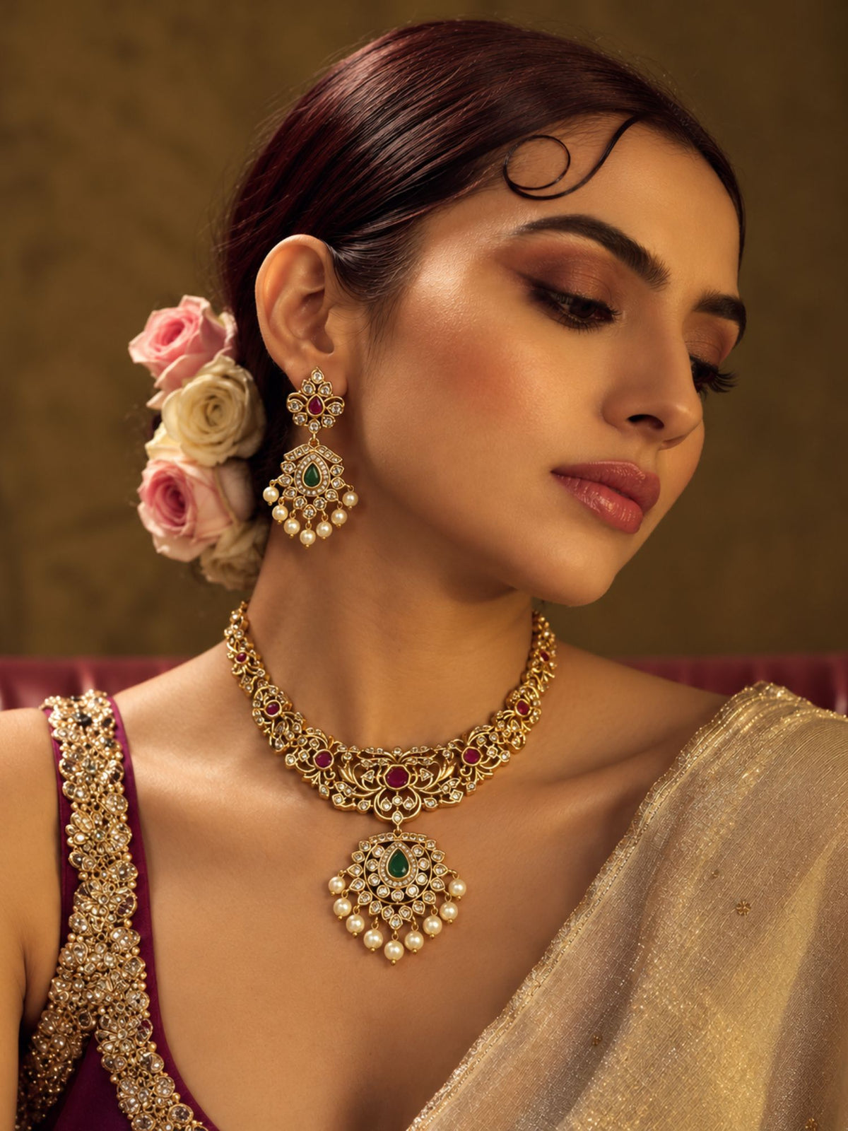 Gold Plated Kundan Polki Pearl Statement Necklace Set  Abdesigns