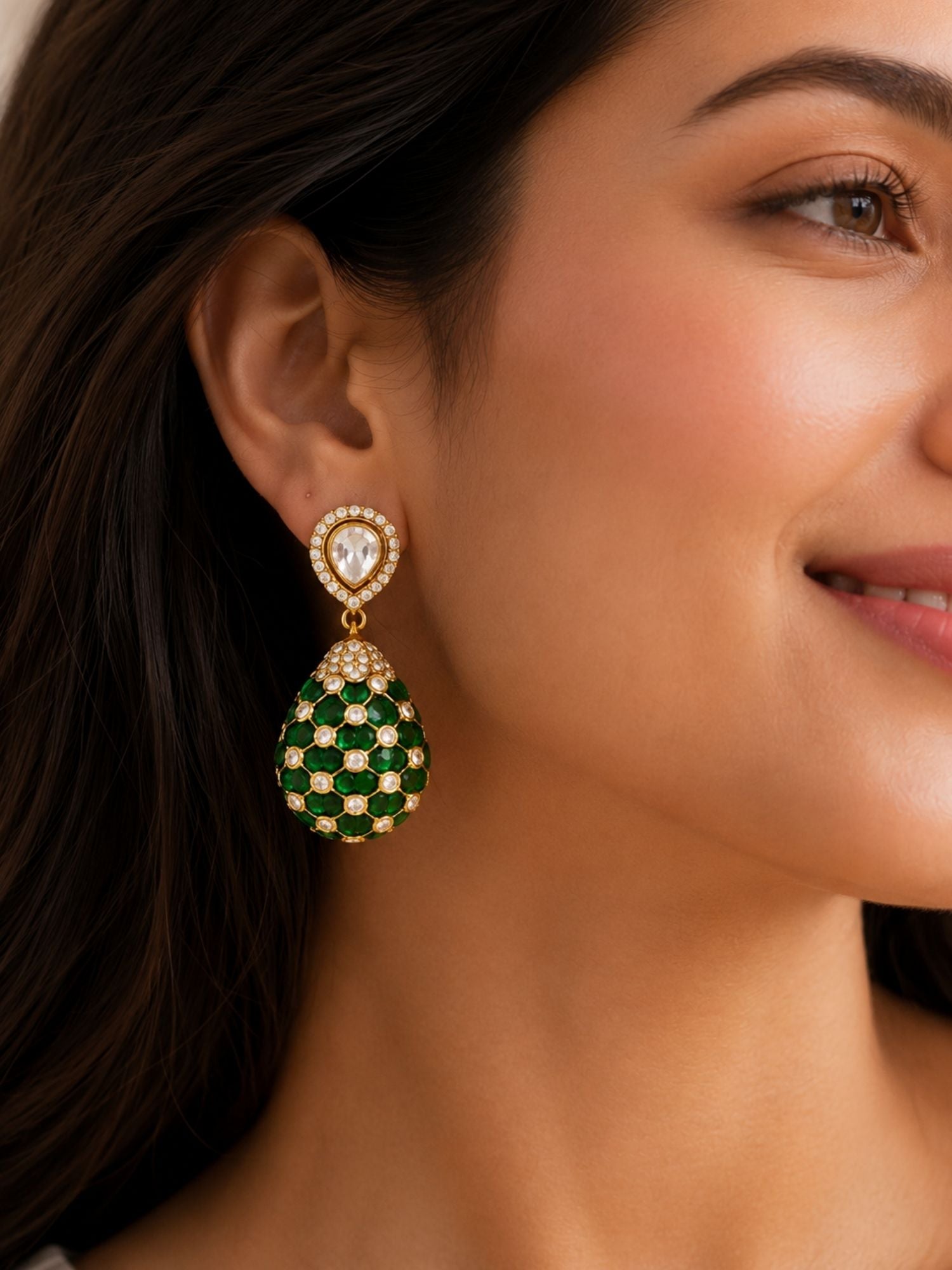 Gold Plated Polki Tear Drop Statement Earrings | Abdesigns Jewellery