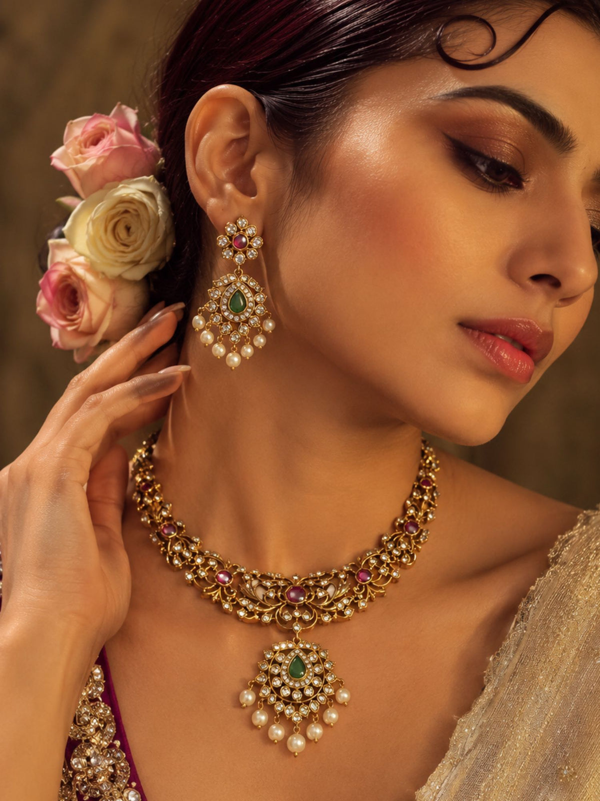 Gold Plated Kundan Polki Pearl Statement Necklace Set  Abdesigns