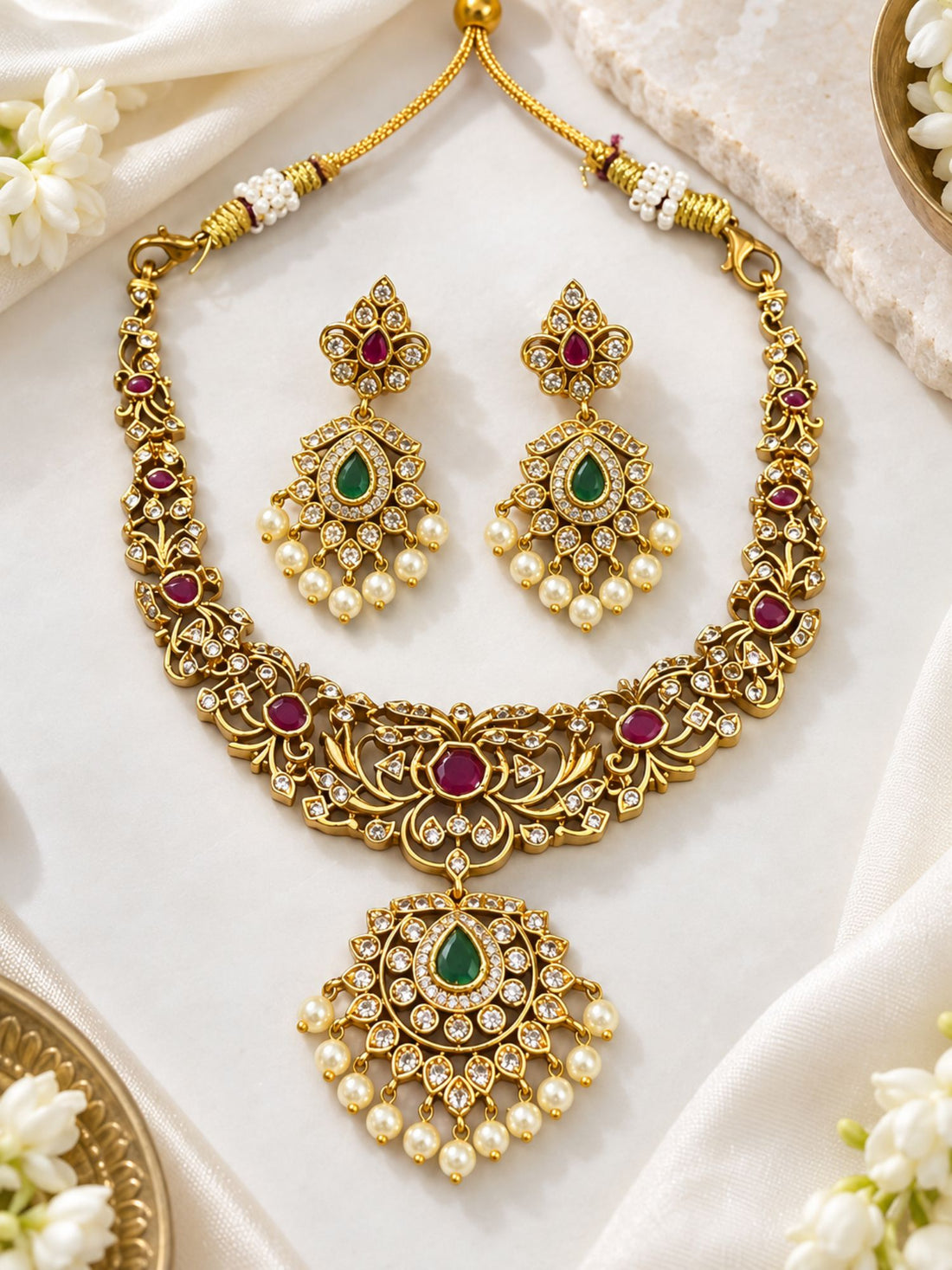 Gold Plated Kundan Polki Pearl Statement Necklace Set  Abdesigns