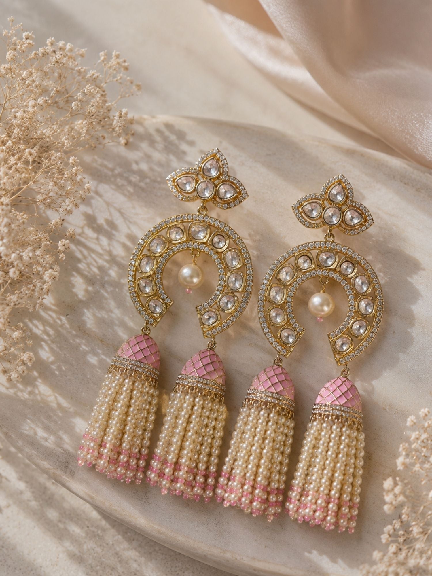 Royal Pearl Tassel Earrings in Silver Finish – Wedding Wear | Abdesigns Jewellery