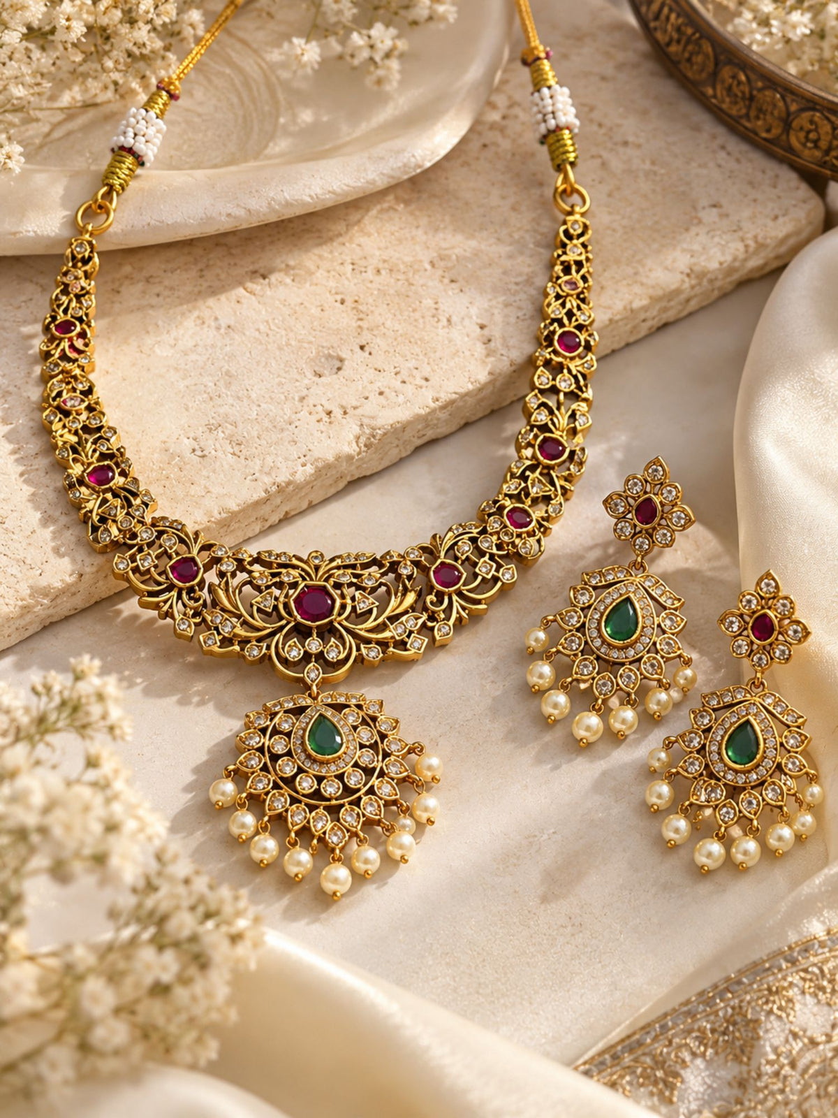 Gold Plated Kundan Polki Pearl Statement Necklace Set  Abdesigns