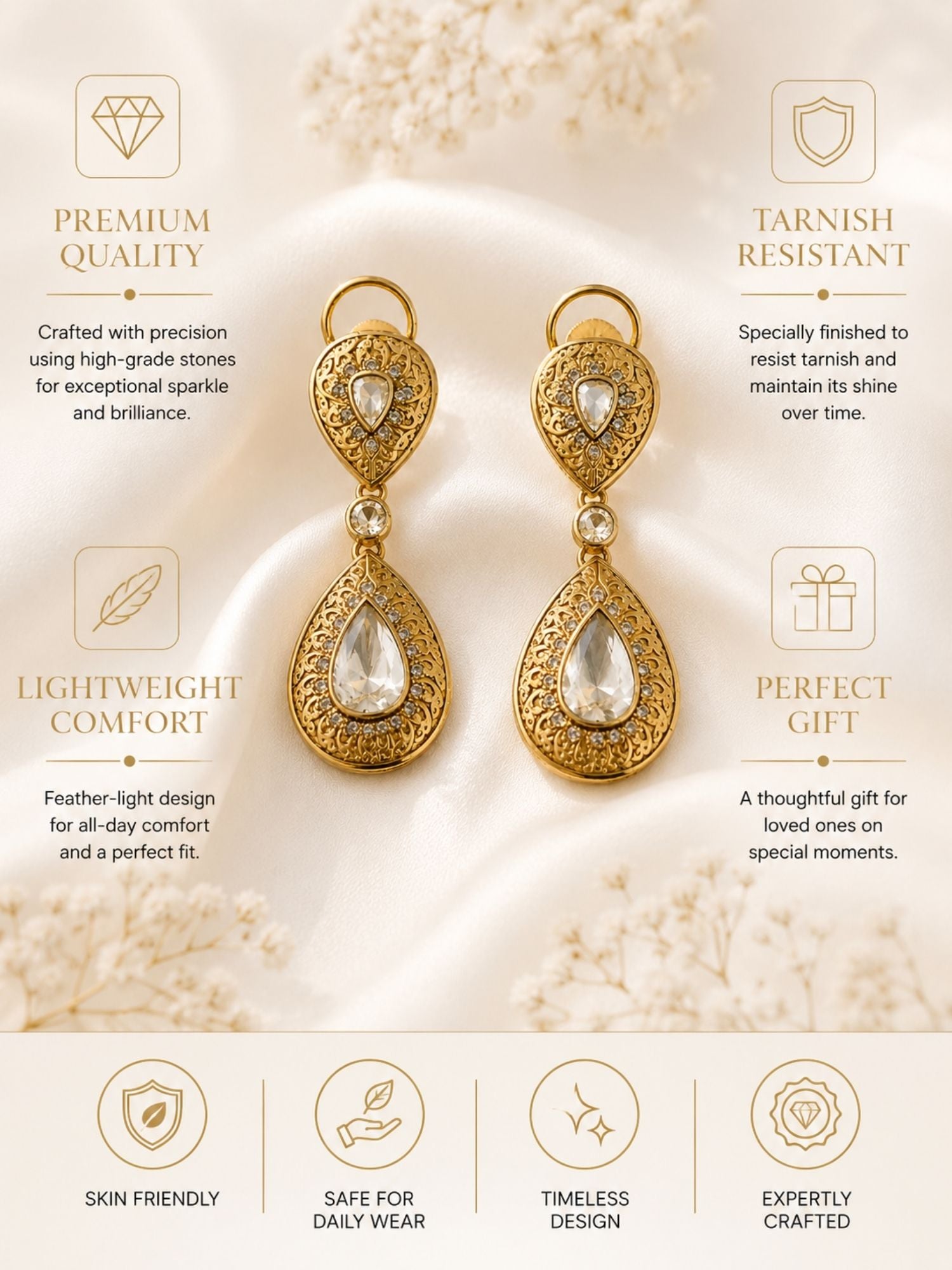 Contemporary Polki Kundan Earrings in Gold Tone  | Abdesigns