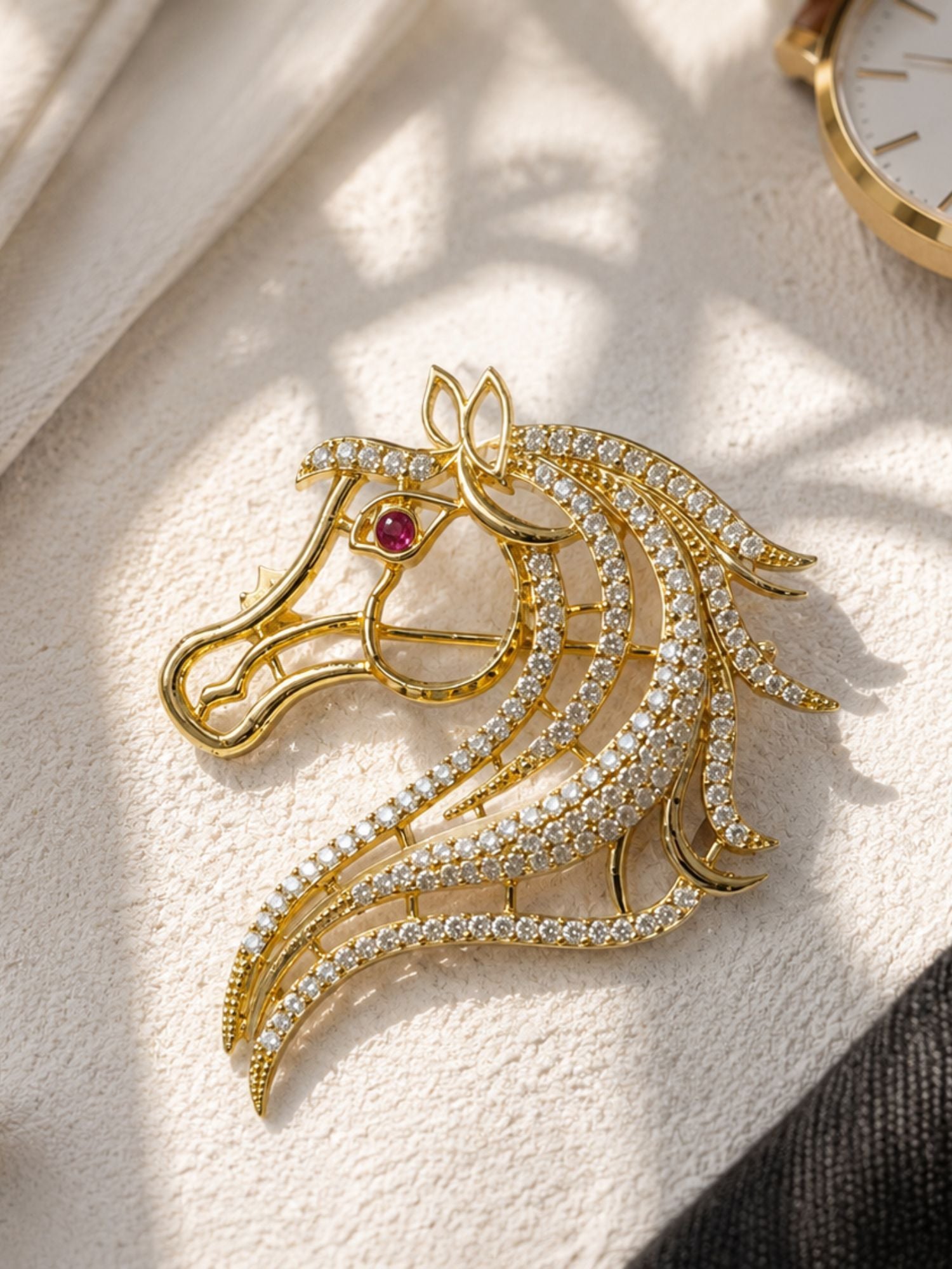 Unisex Victorian Gold CZ Diamond Horse Brooch Pin | Abdesigns Jewellery