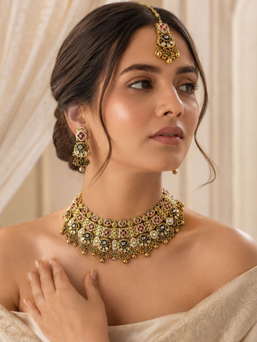 Temple Choker Necklace Set in Antique Gold – Bridal | Abdesigns