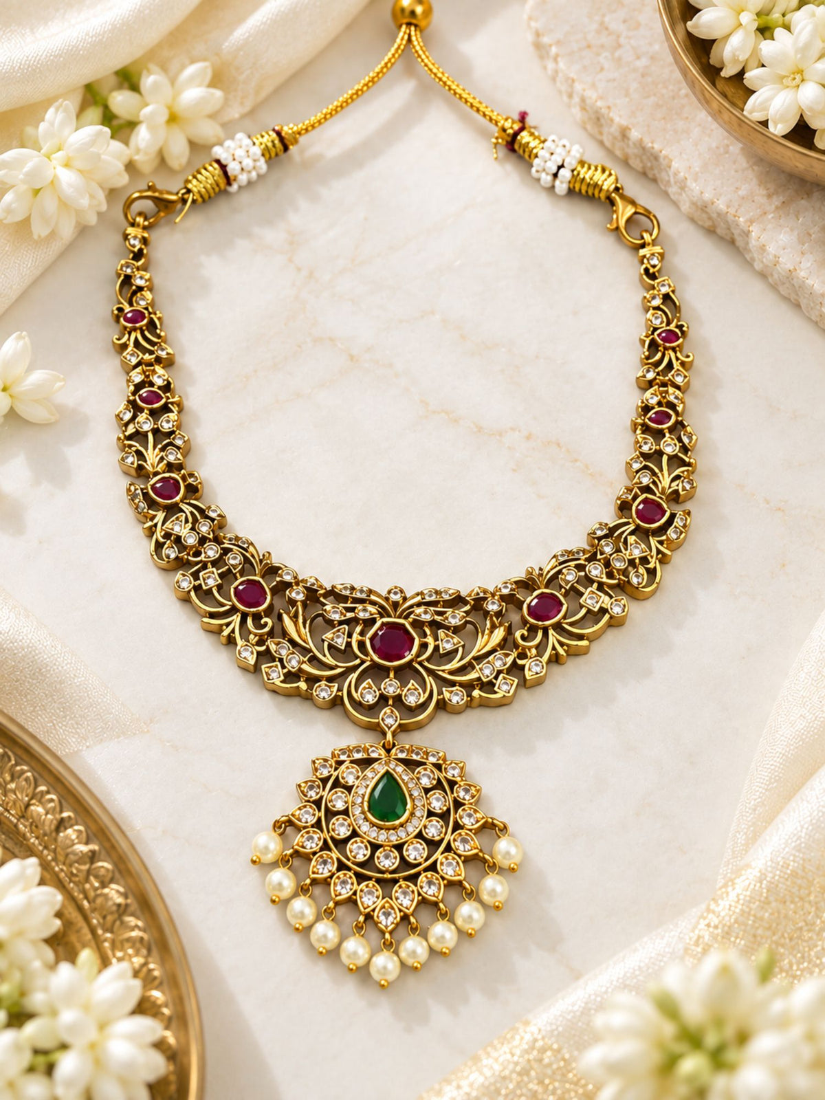 Gold Plated Kundan Polki Pearl Statement Necklace Set  Abdesigns