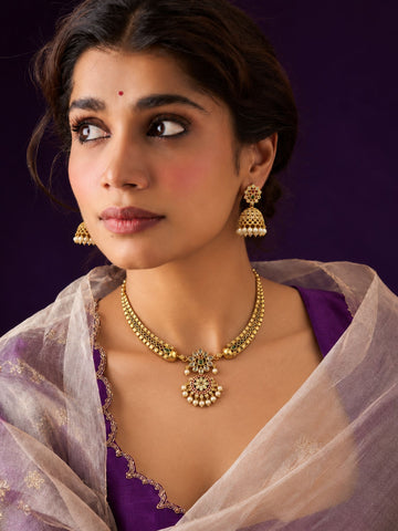 Gold Plated Kundan Polki Floral Pendant Necklace Set | Abdesigns