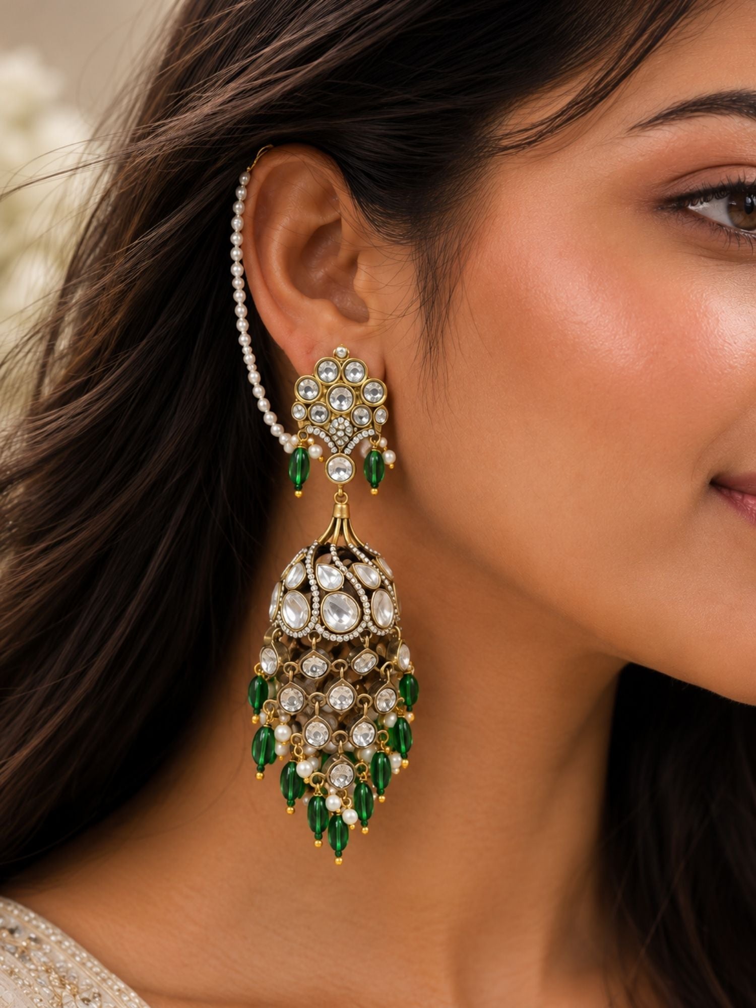 Oxidsed Gold Plated Polki Jhumka Bridal Ear Chain Earrings | Abdesigns Jewellery
