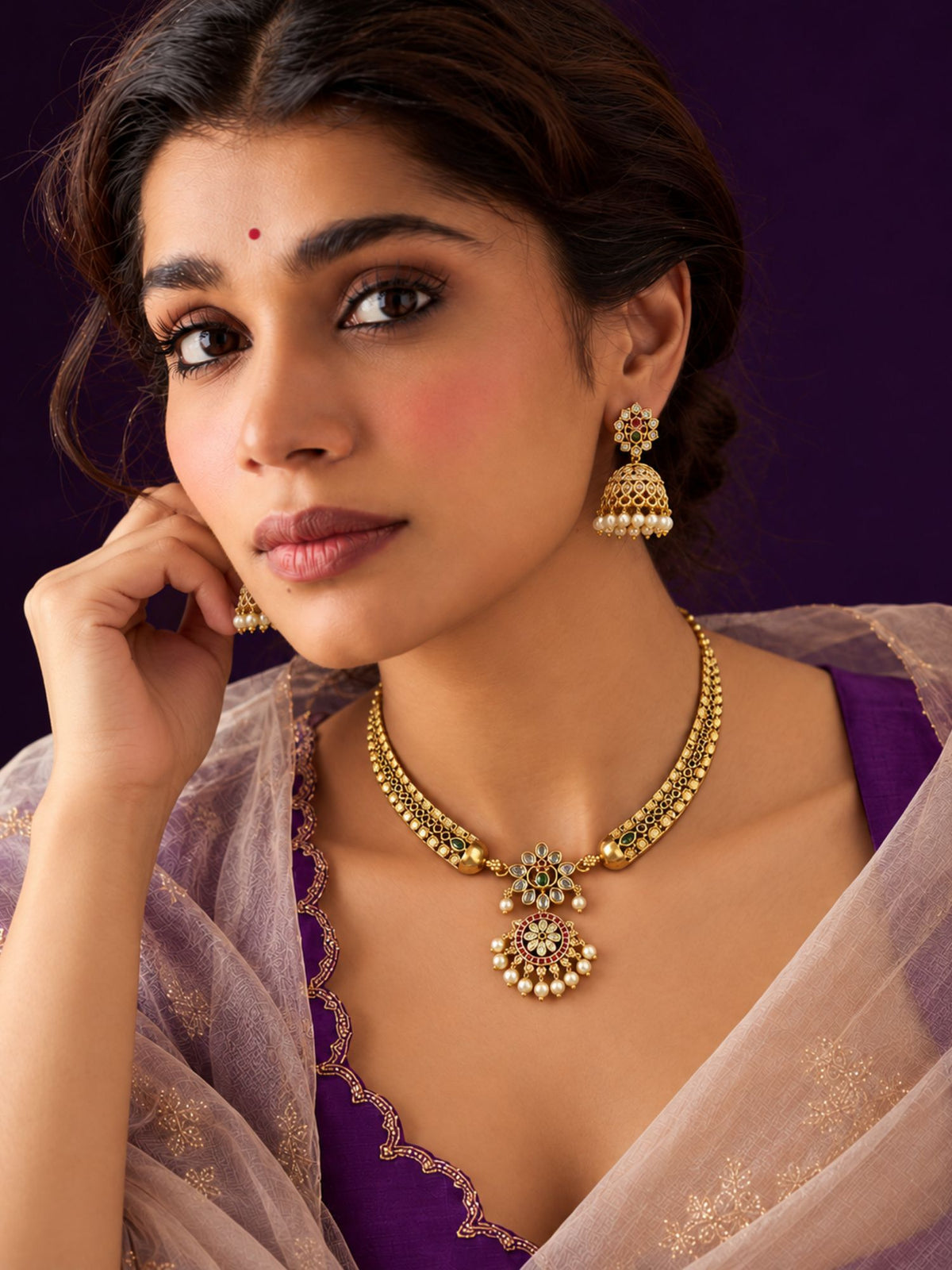 Gold Plated Kundan Polki Floral Pendant Necklace Set | Abdesigns