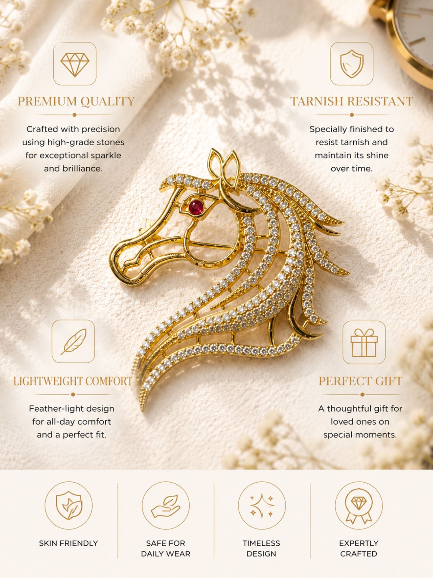 Unisex Victorian Gold CZ Diamond Horse Brooch Pin | Abdesigns Jewellery
