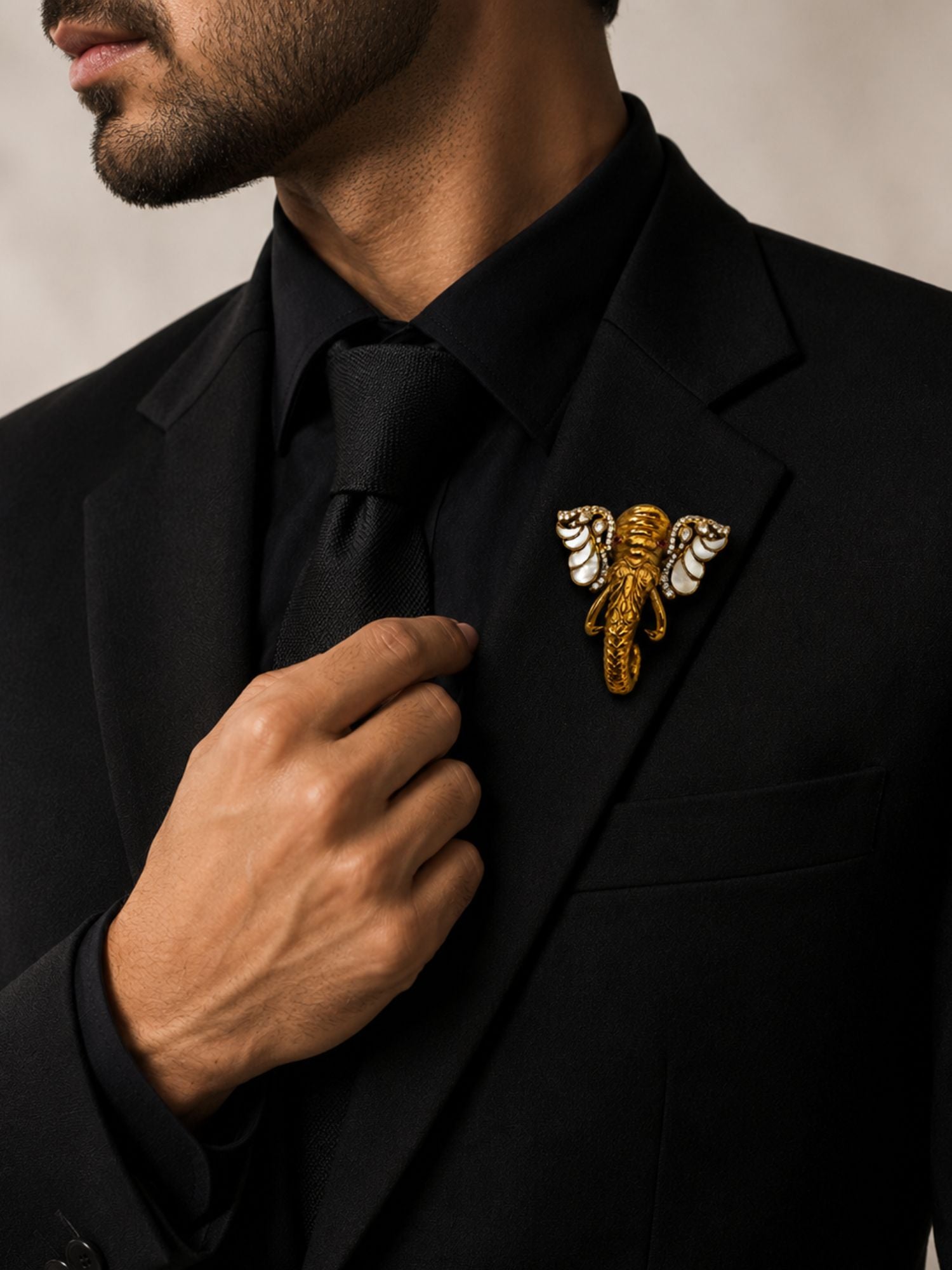 Unisex Gold Plated Elephant Mother Pearl Brooch with Kundan Stones | Abdesigns Jewellery
