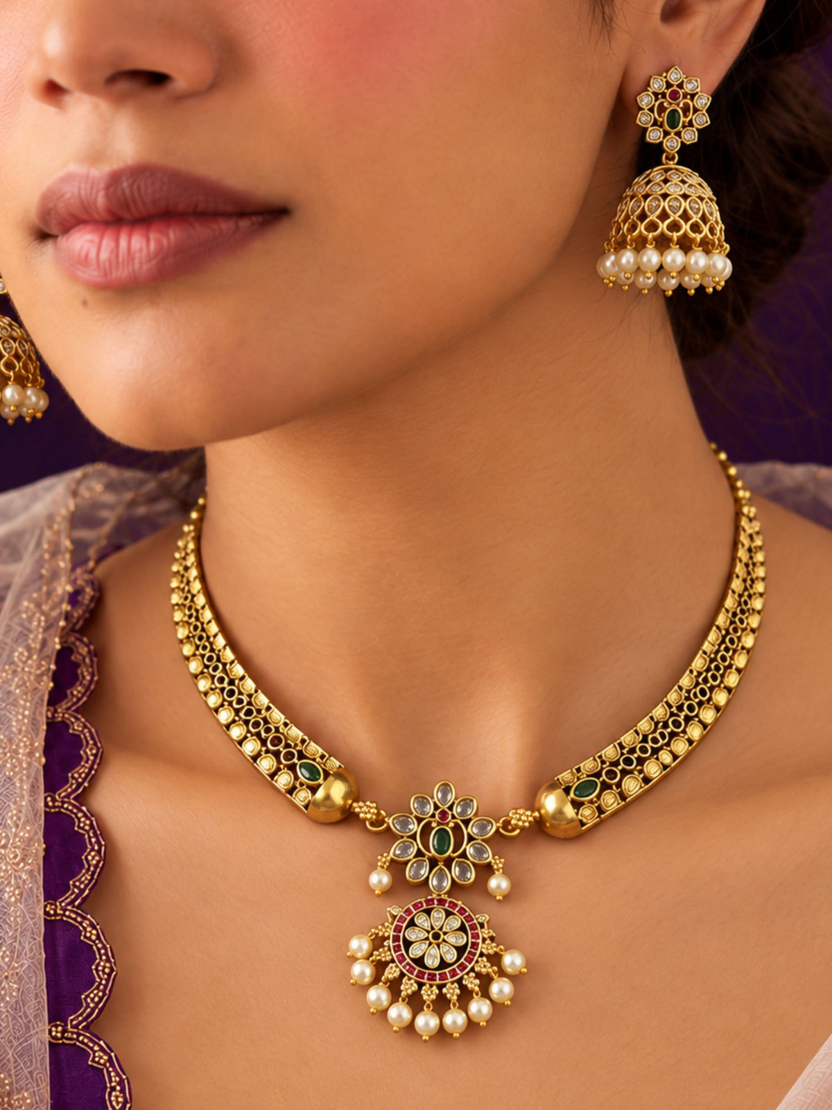 Gold Plated Kundan Polki Floral Pendant Necklace Set | Abdesigns