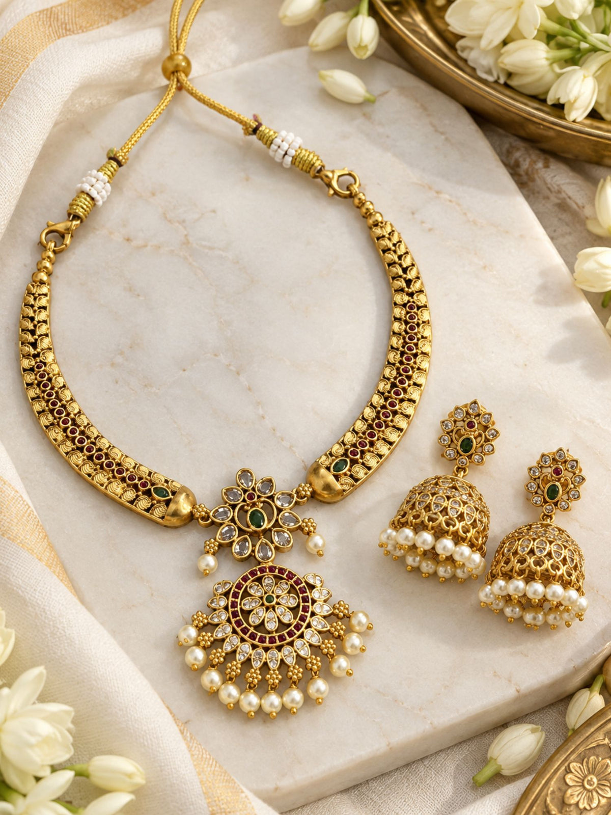 Gold Plated Kundan Polki Floral Pendant Necklace Set | Abdesigns