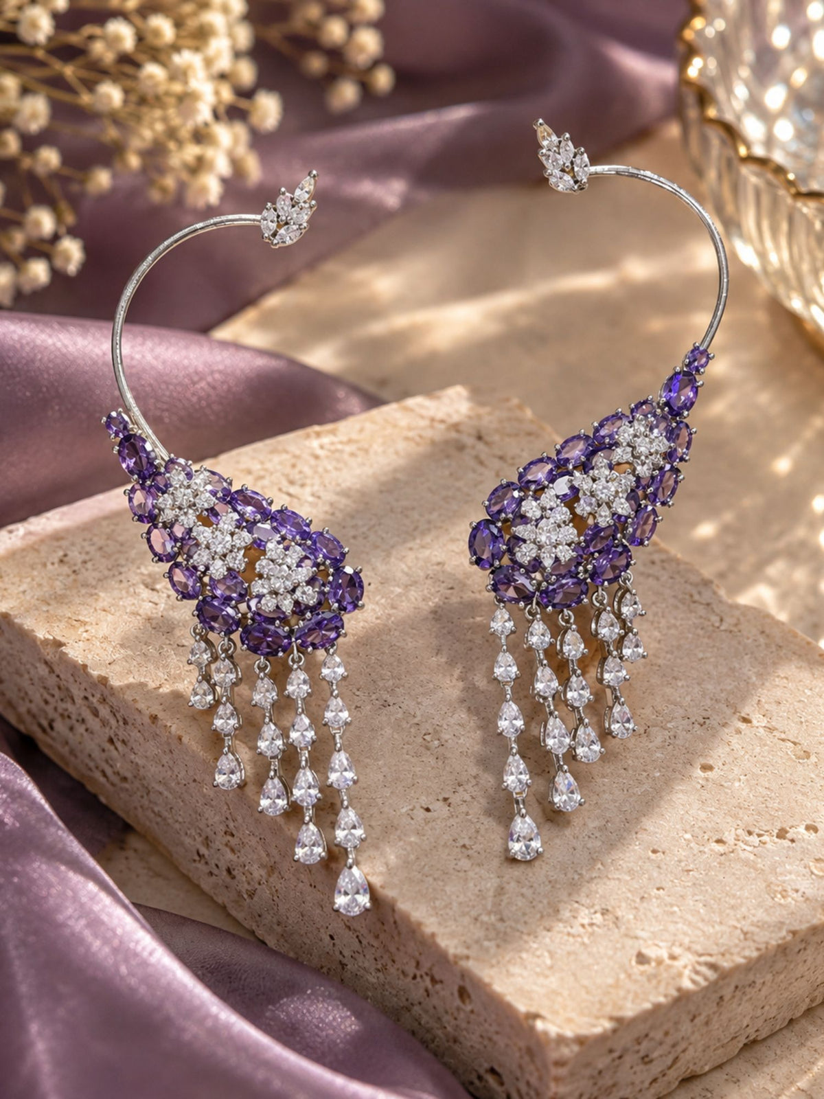 Silver Plated AD Stone Floral Statement Ear Cuff Earrings for Women