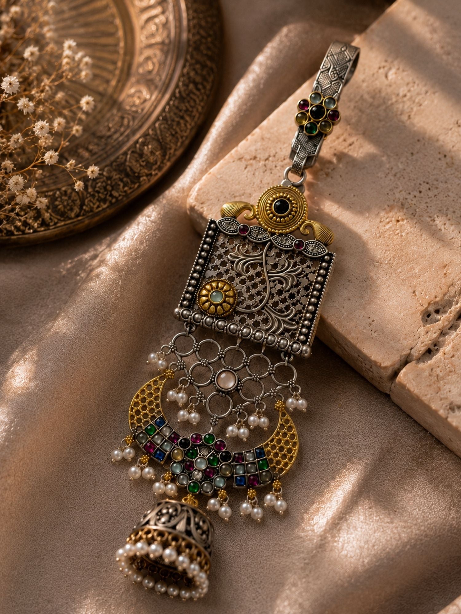 Dual Tone Jhumka Saree Juda Pin with Multicolour Stones & Pearls