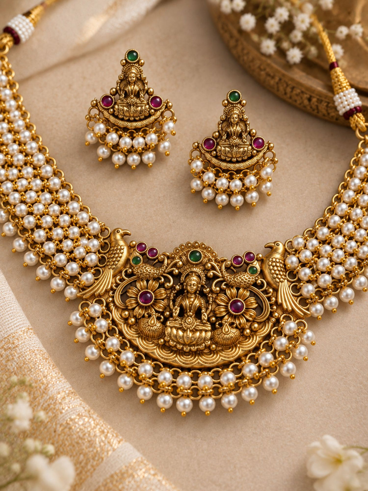 Gold Plated Temple Lakshmi Pearl Necklace Set with Earrings