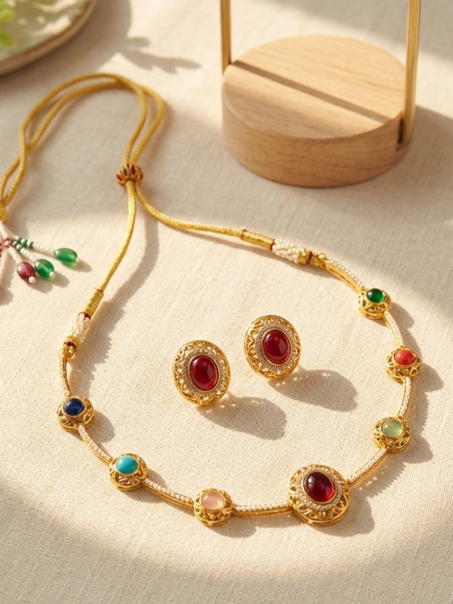Abdesigns Navratna Stone Necklace Set with Earrings