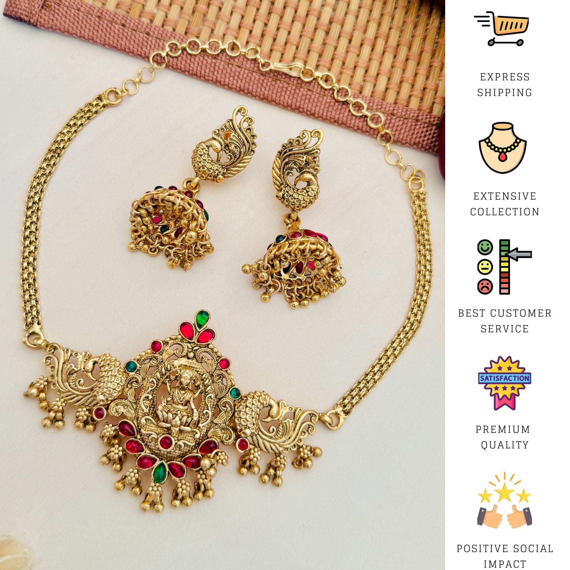 Stunning Antique Gold Plated Matt Finish Temple Necklace Set - necklace by Abdesigns Jewellery