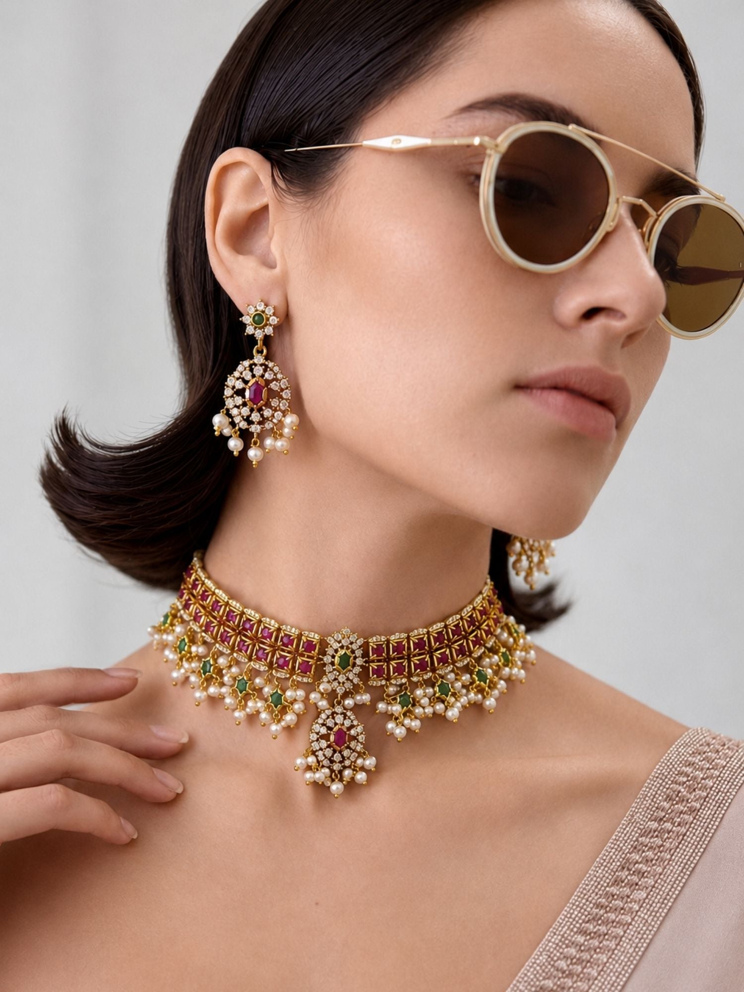 Antique Gold Plated Pink & Green Kundan Pearl Choker Necklace Set with Earrings