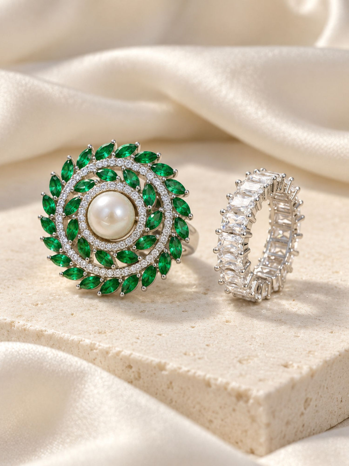 Set of 2 Silver Plated AD Stone Green Pearl Statement Rings for Women
