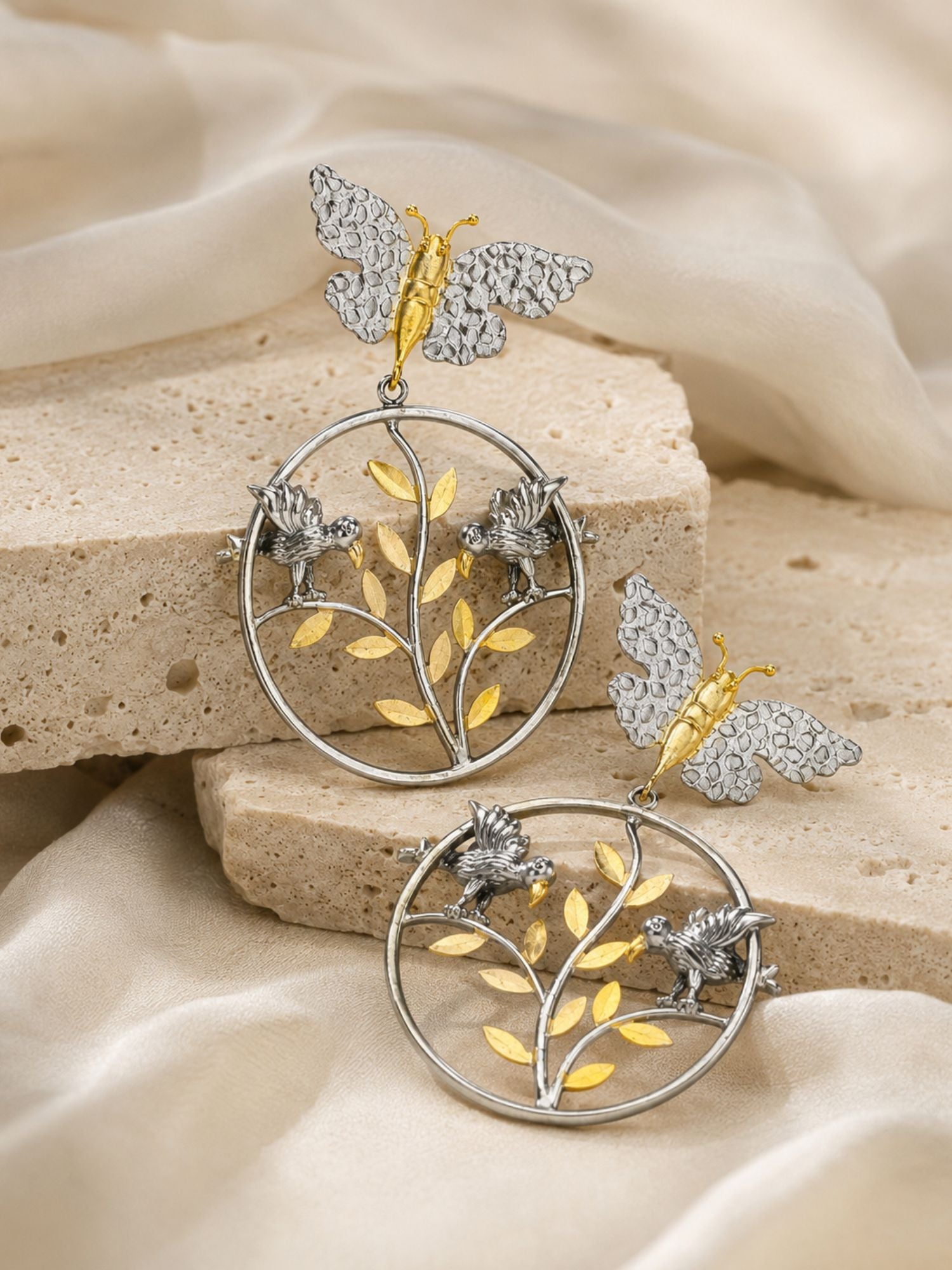 Dual Tone Butterfly Bird Statement Earrings for Women