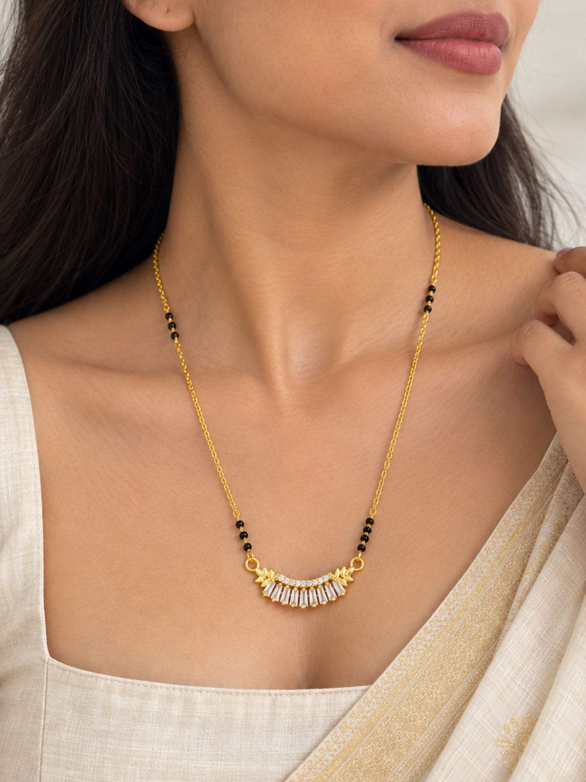 Set of 4 Gold Plated AD Stone Black Bead Mangalsutra Necklaces with Earrings for Women