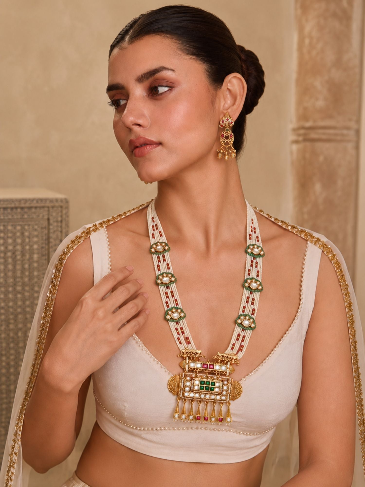 Antique Gold Plated Multicolor Kundan Pearl Layered Mala Necklace Set with Earrings